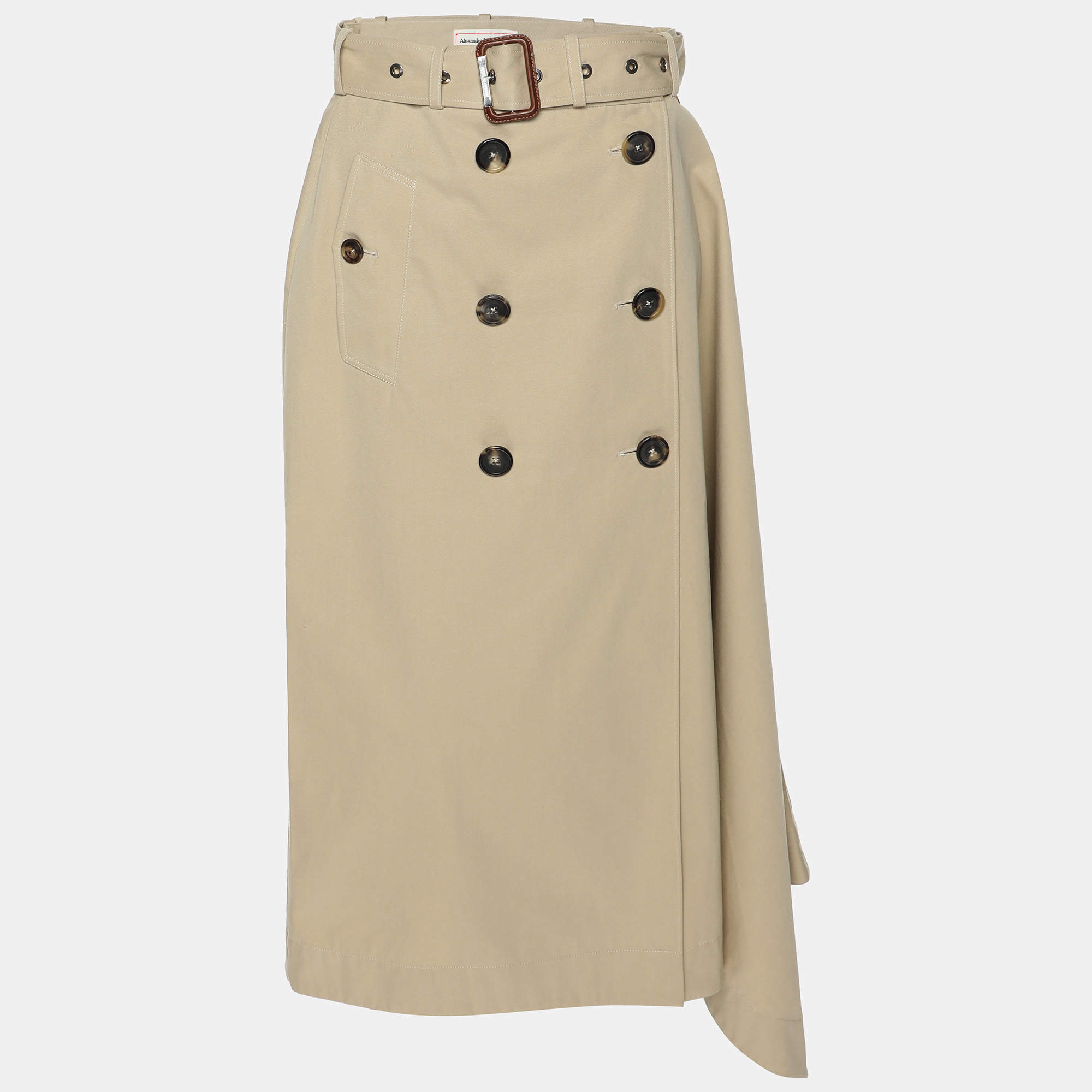 Pre Owned Alexander McQueen Beige Cotton Asymmetric Trench Belted Skirt M