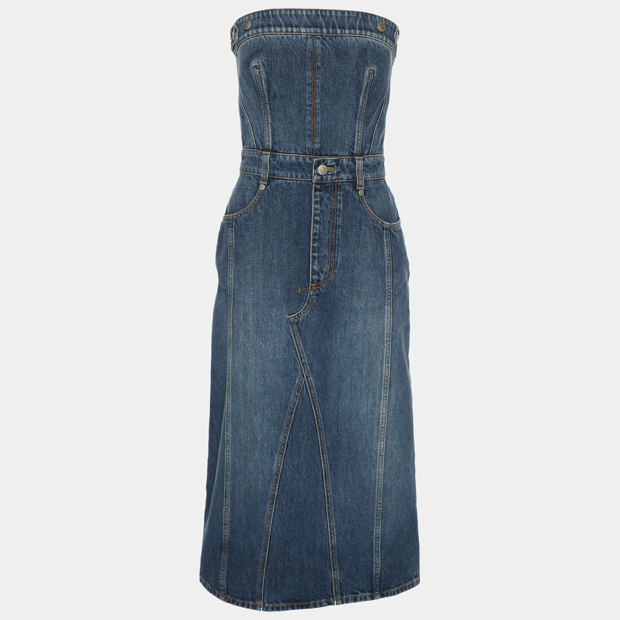 Alexander McQueen Blue Denim Bustier Midi Dress S