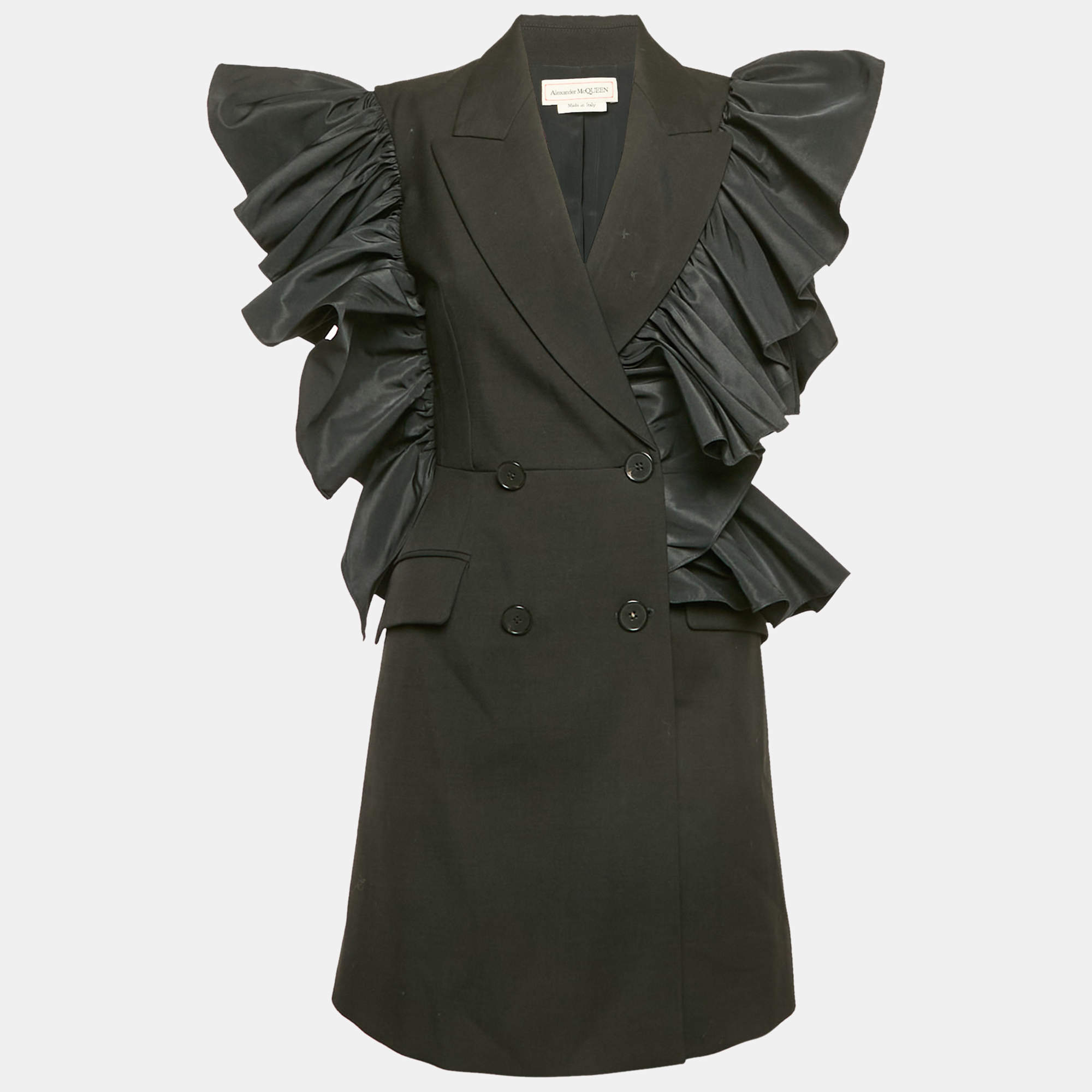 Alexander McQueen Black Wool and Ruffled Double Breasted Mini Dress S