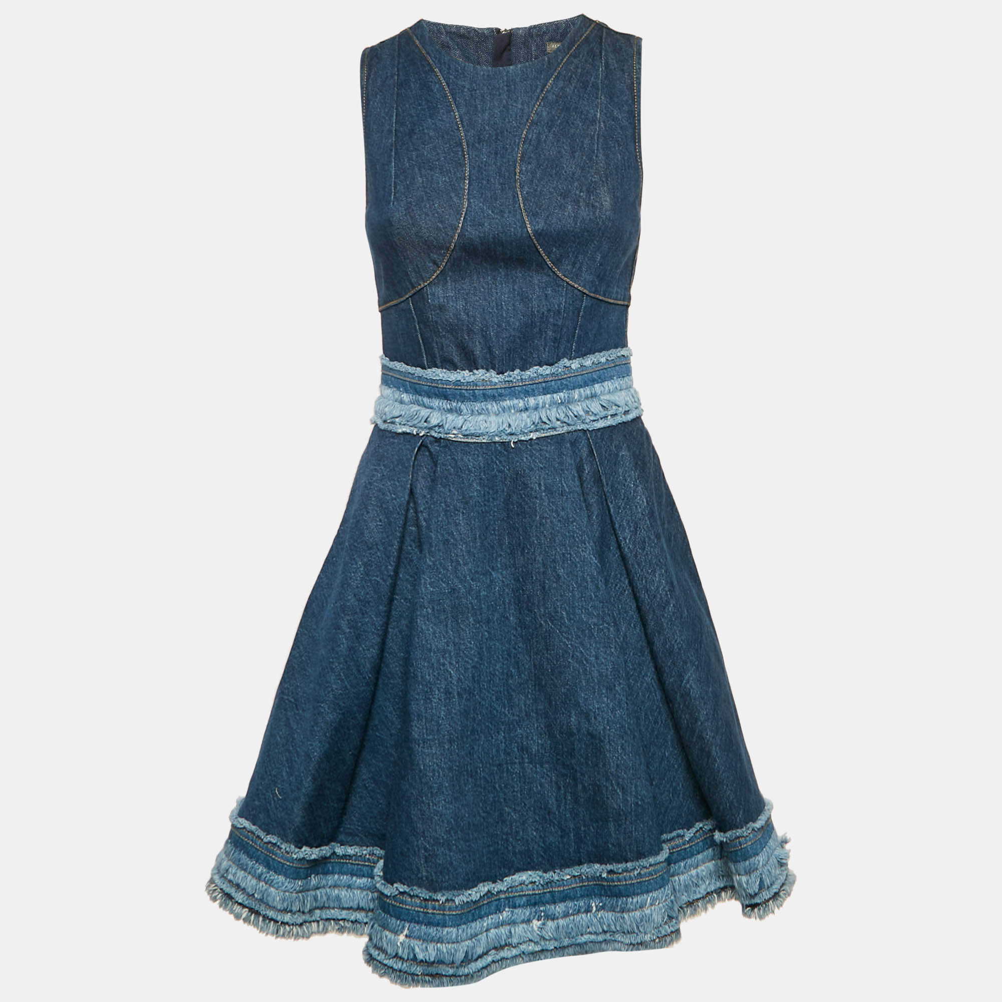 Alexander McQueen Blue Denim Raw Edge Flared Mini Dress S