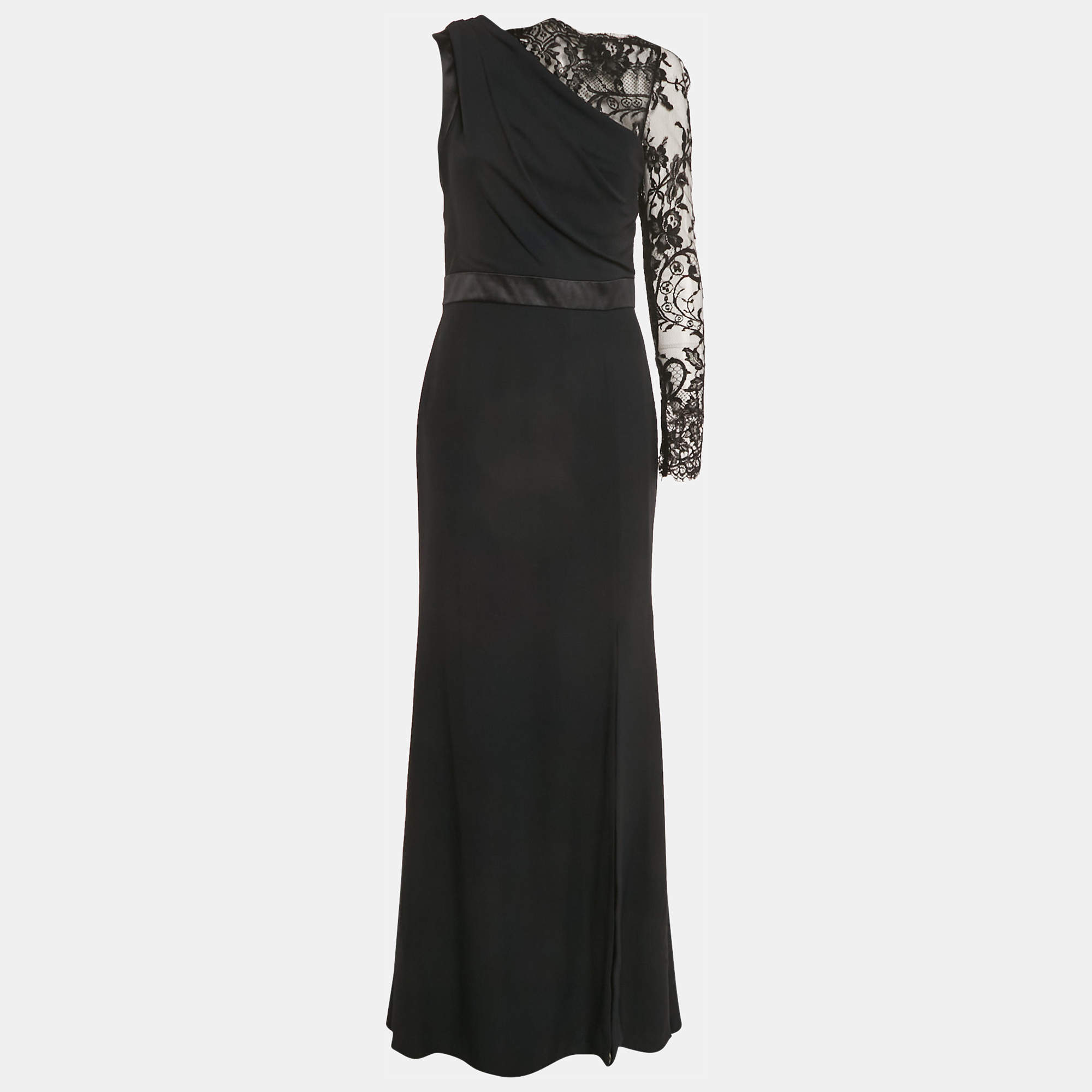 Alexander McQueen Black Lace Trim Crepe Asymmetric Sleeve Maxi Dress M