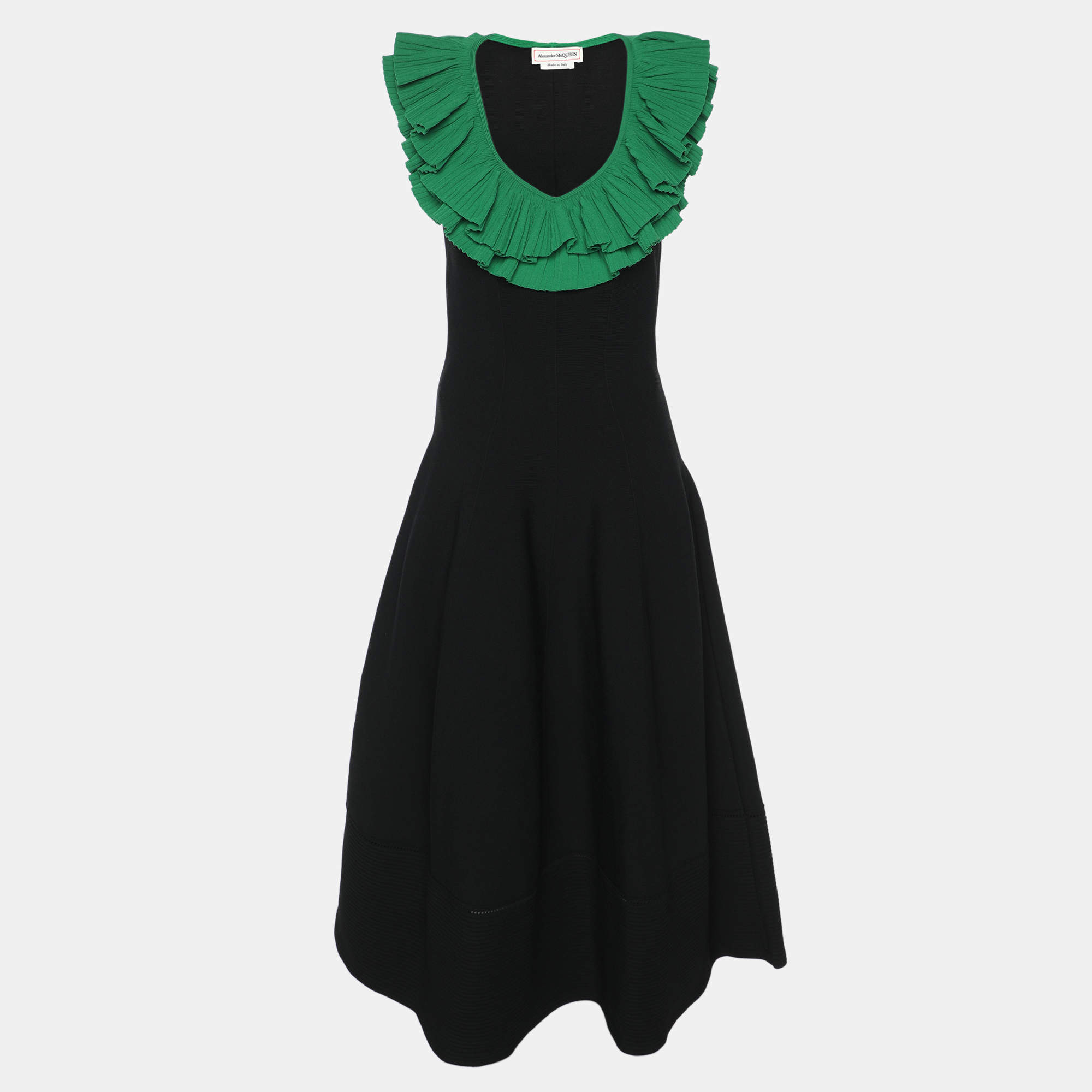 Alexander McQueen Black/Green Jersey Flounced Plunge Neck Dress S