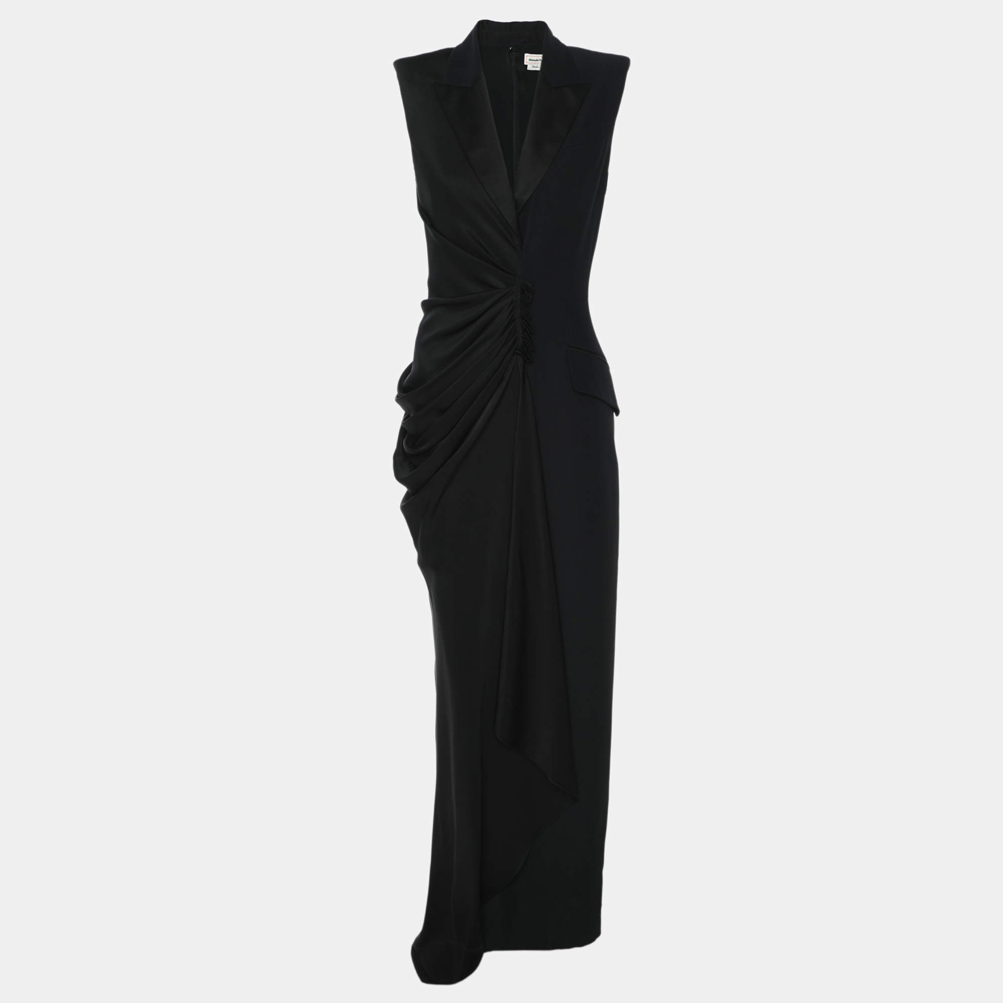 Alexander McQueen Black Crepe Satin Long Leaf Draped Dress XS