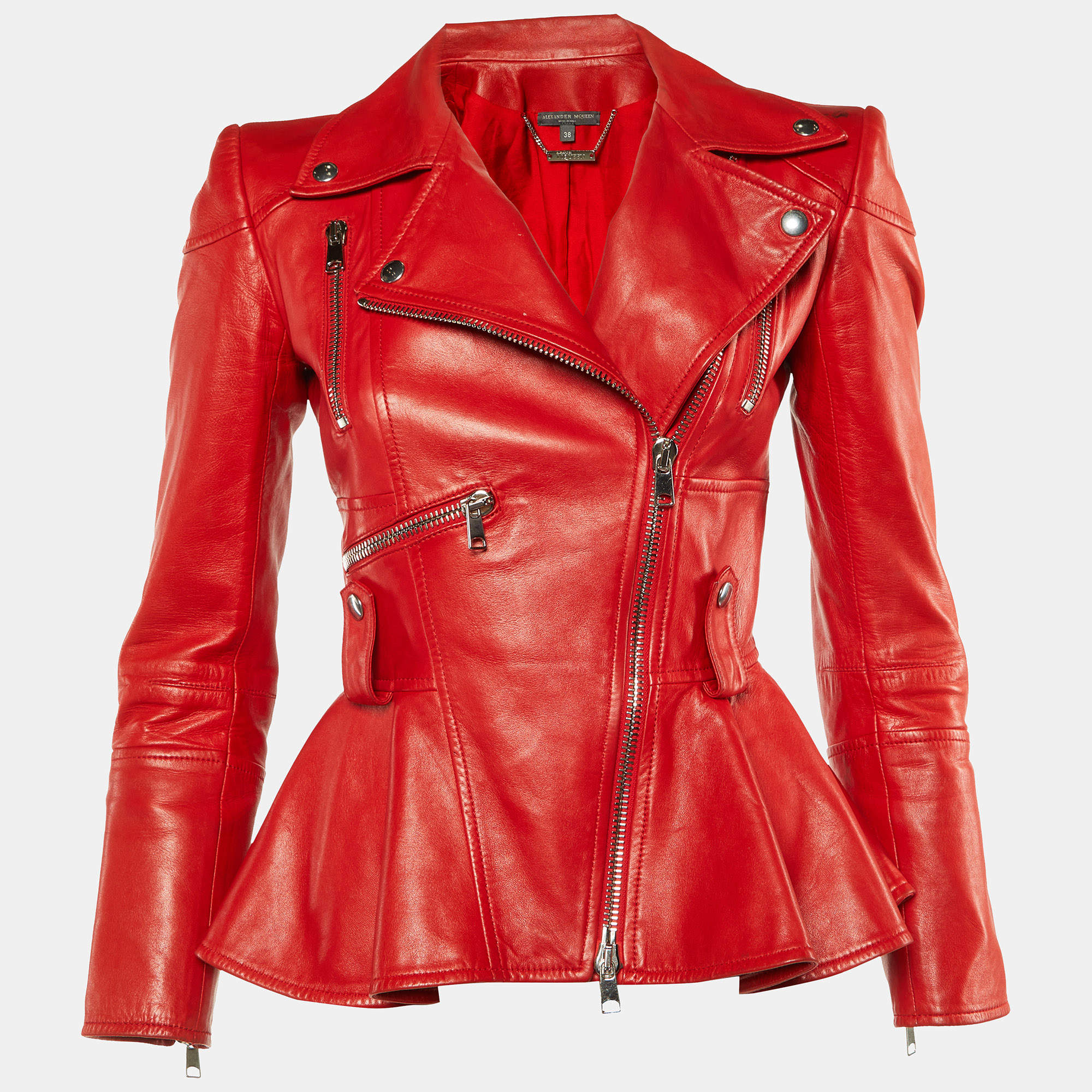 Pre Owned Alexander McQueen Red Leather Zip Up Peplum Jacket S