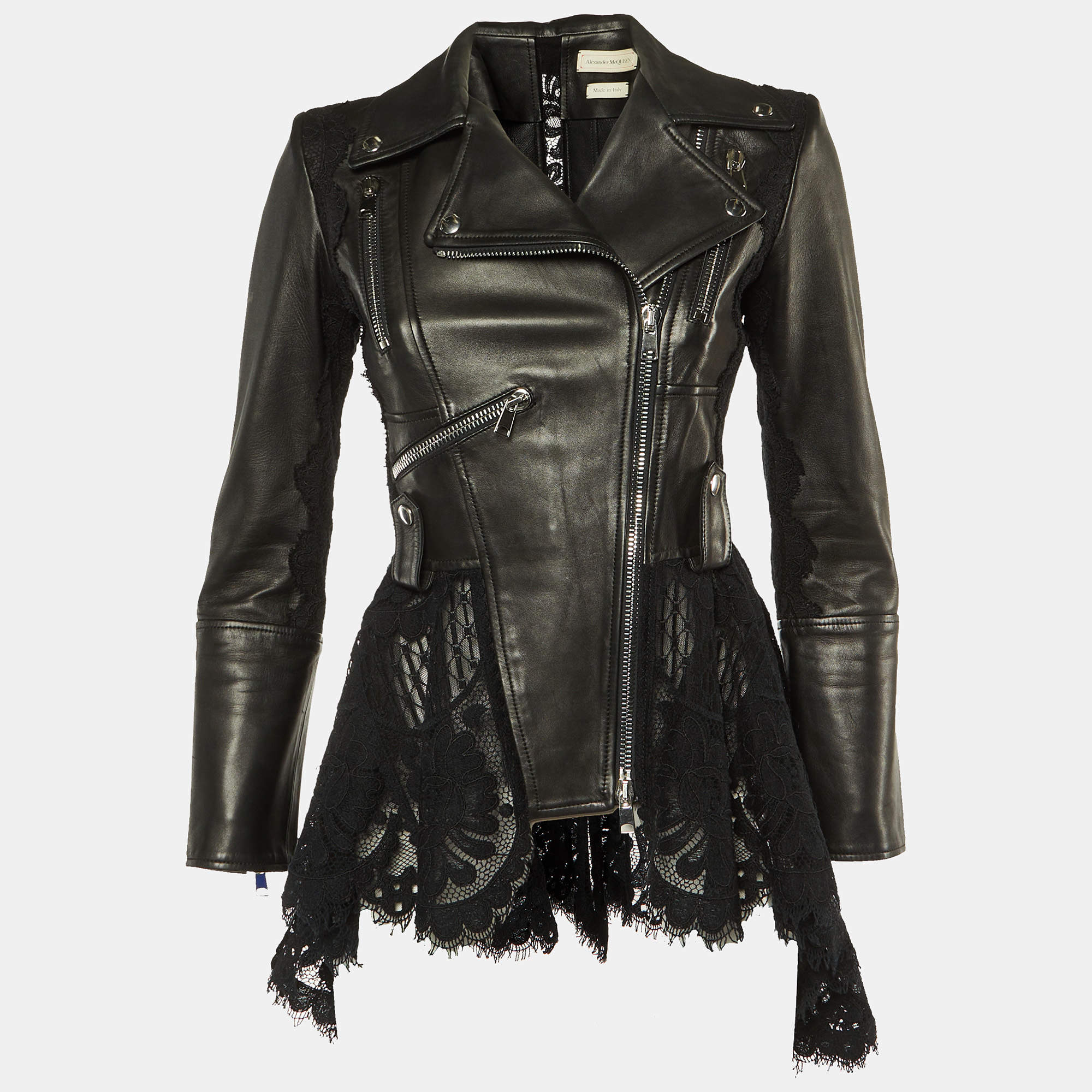 Pre Owned Alexander McQueen Black Leather & Lace Peplum Jacket S