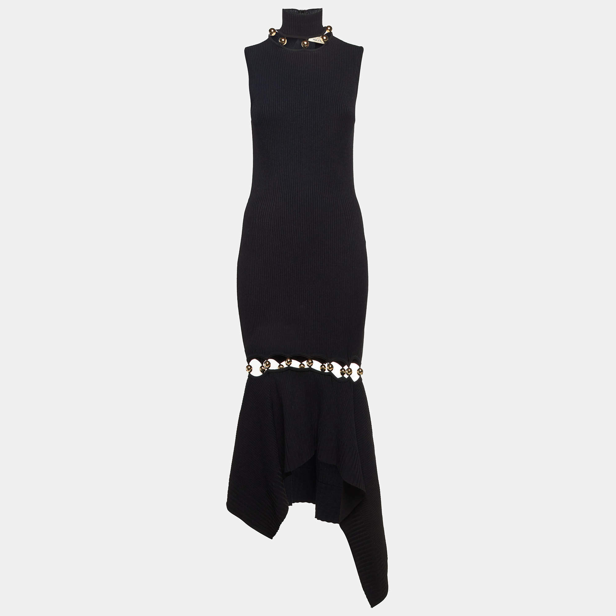 Pre Owned Alexander McQueen Black Knit Bead Detail Asymmetrical Dress S