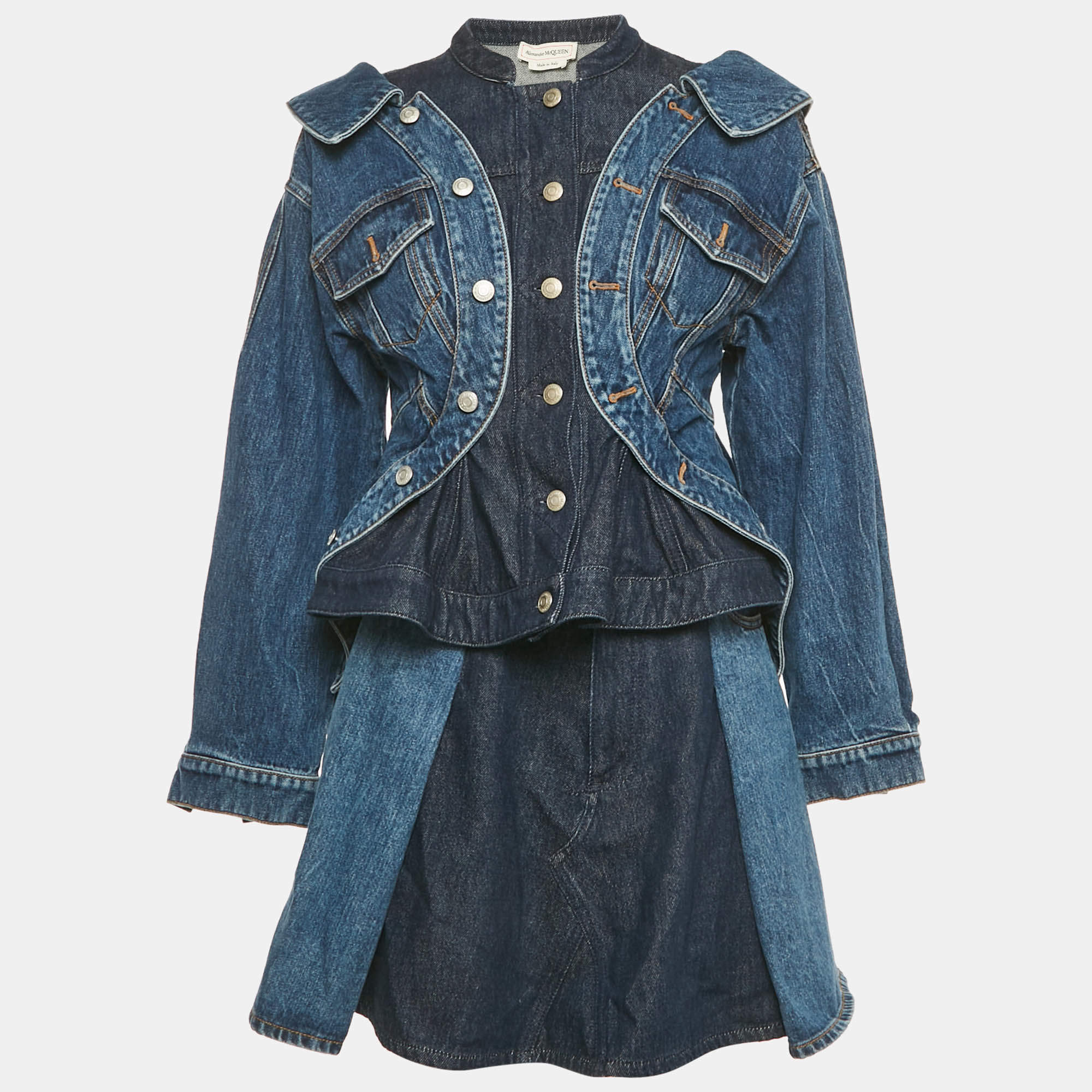 Pre Owned Alexander McQueen Blue Denim Jacket and Skirt Set M
