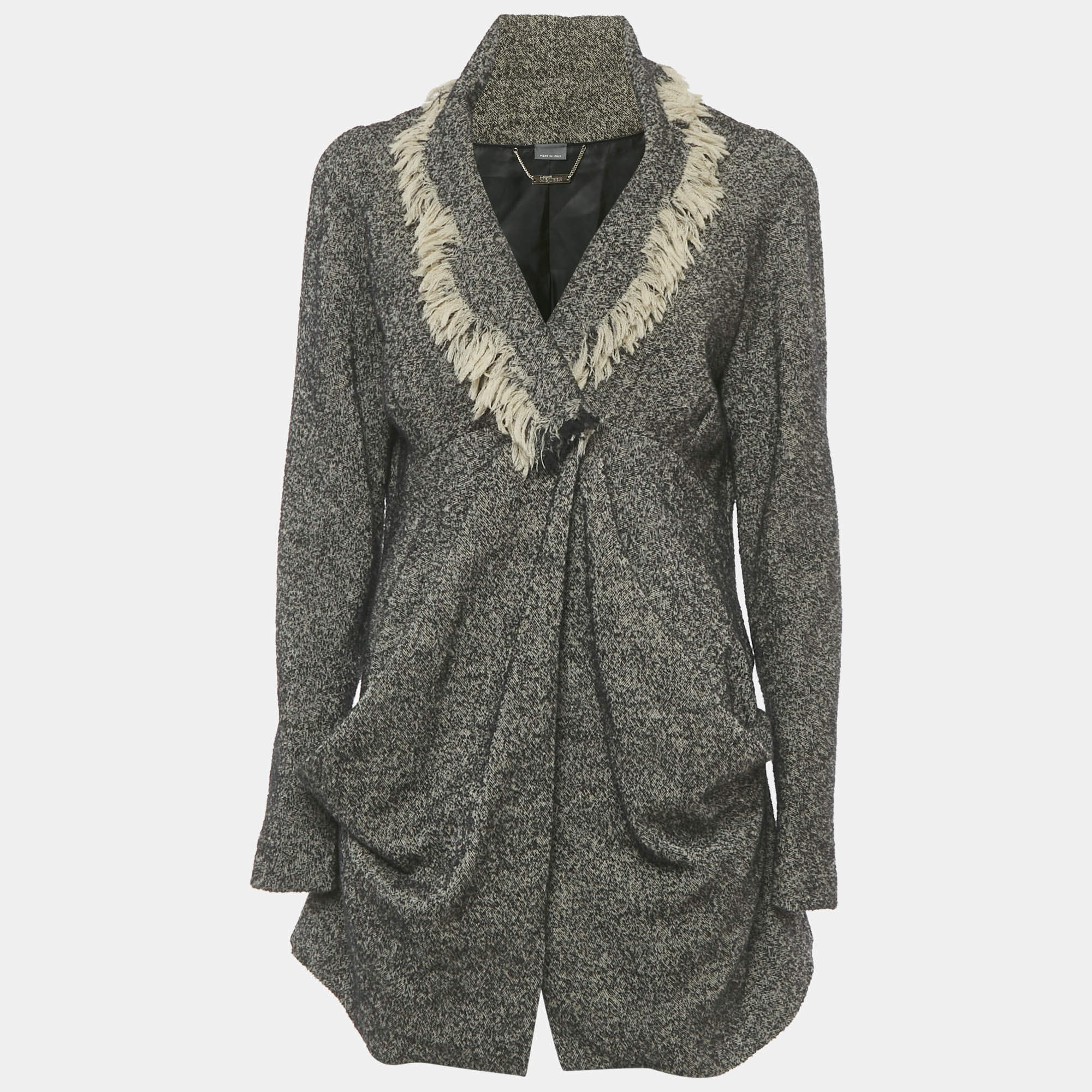 Pre Owned Alexander McQueen Tweed Draped Raw-Edge Detail Coat M