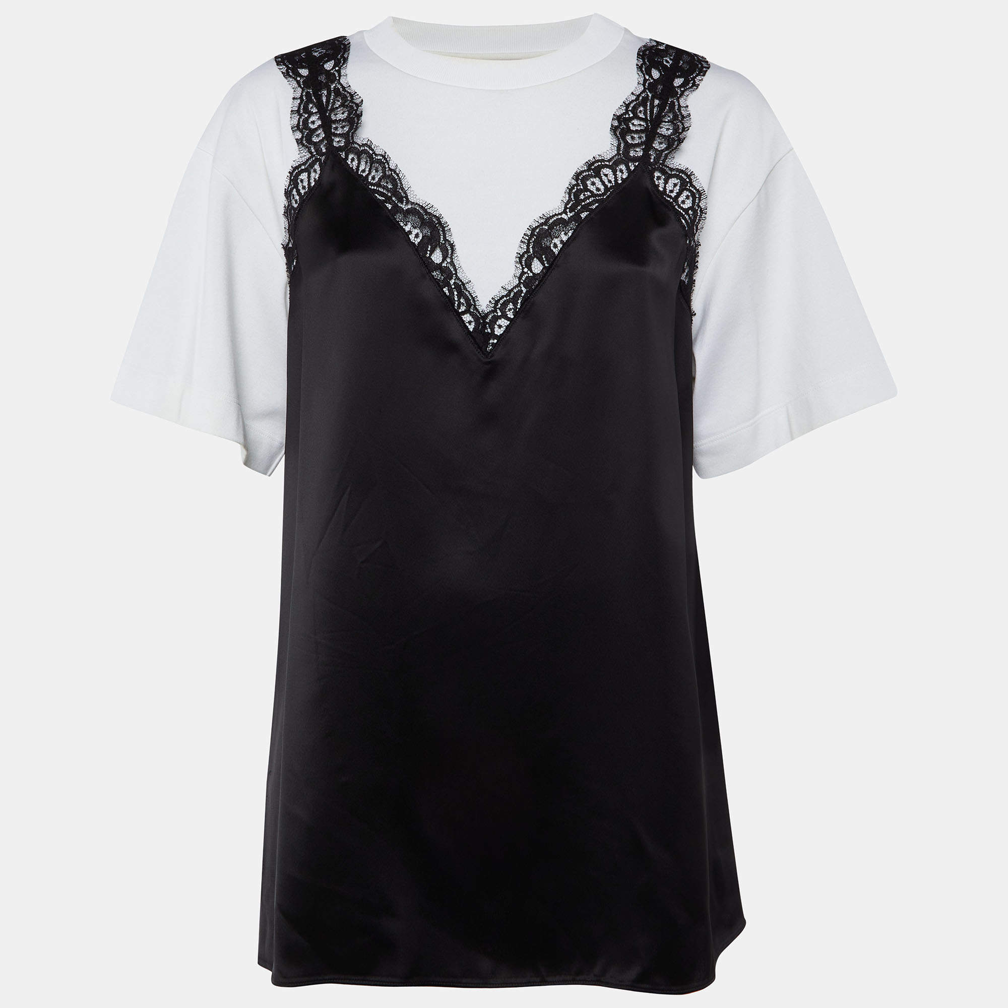 Pre Owned Alexander McQueen White Cotton Knit & Black Sateen Top L