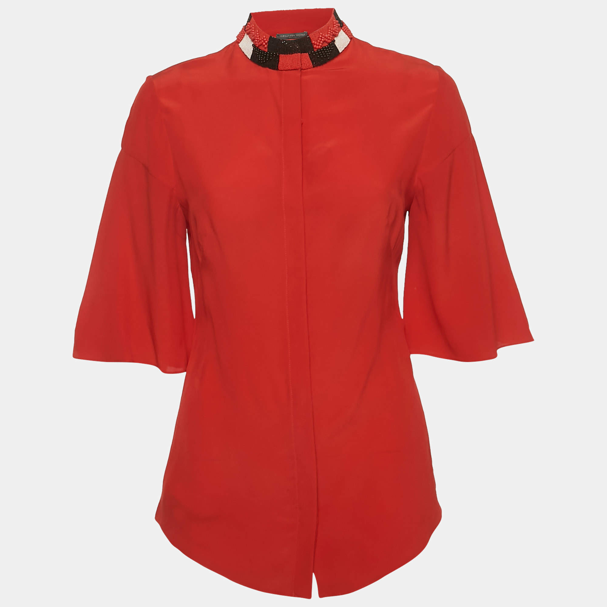 Pre Owned Alexander McQueen Red Silk Beaded High Neck Top S