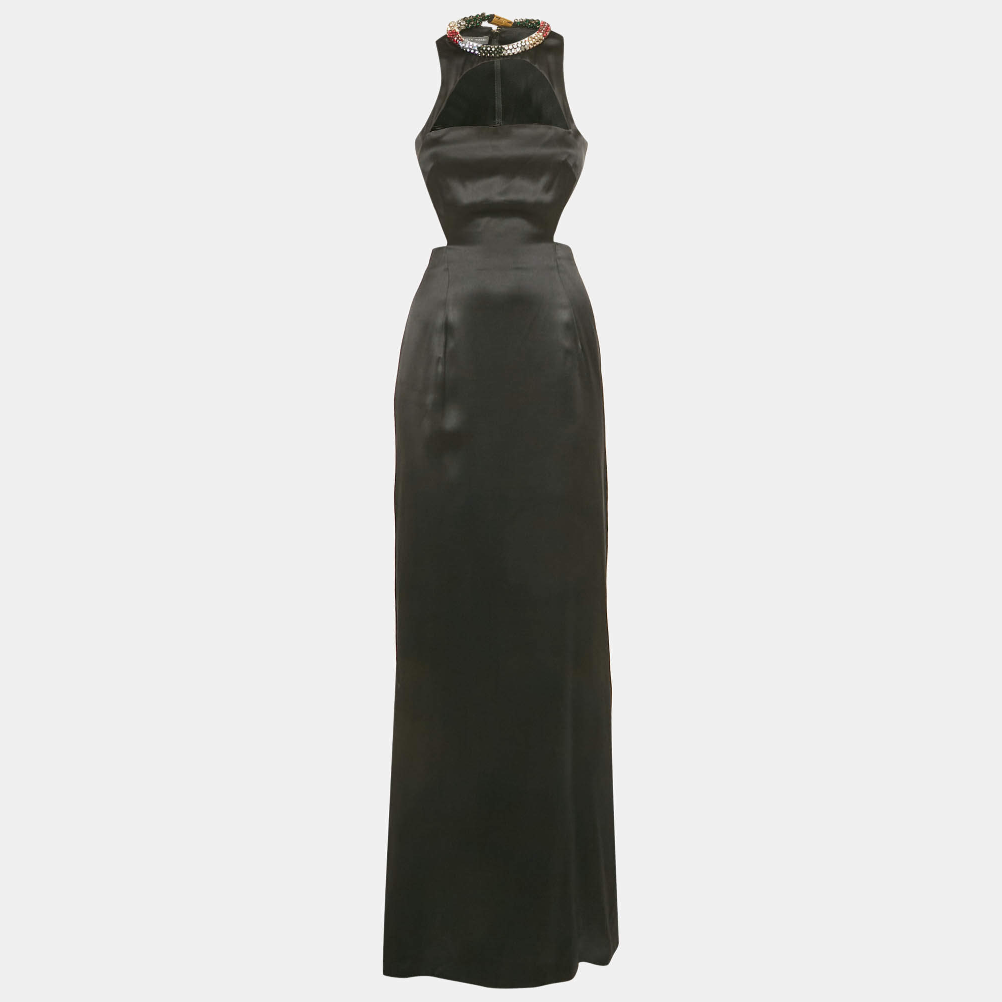 Pre Owned Alexander McQueen Black Jeweled Neck Satin Cut-Out Maxi Dress S