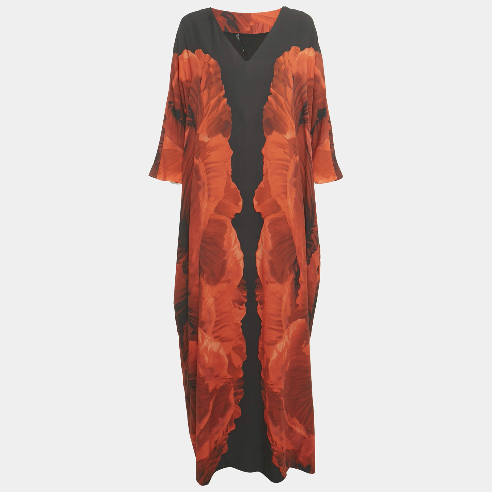 Pre Owned Alexander McQueen Black and Orange Floral Print Silk Maxi Dress M