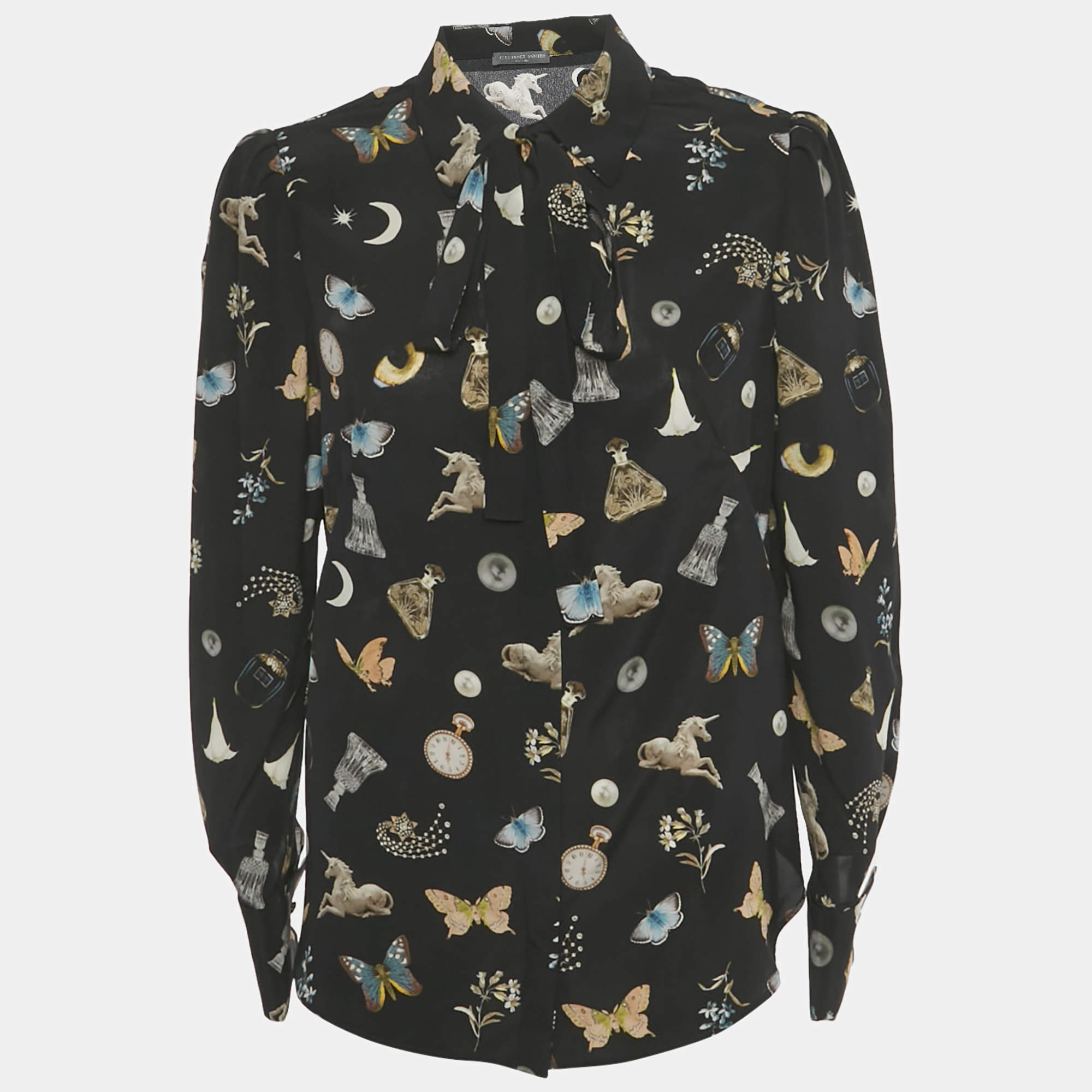 Pre Owned Alexander McQueen Black Printed Silk Tie Up Neck Blouse M