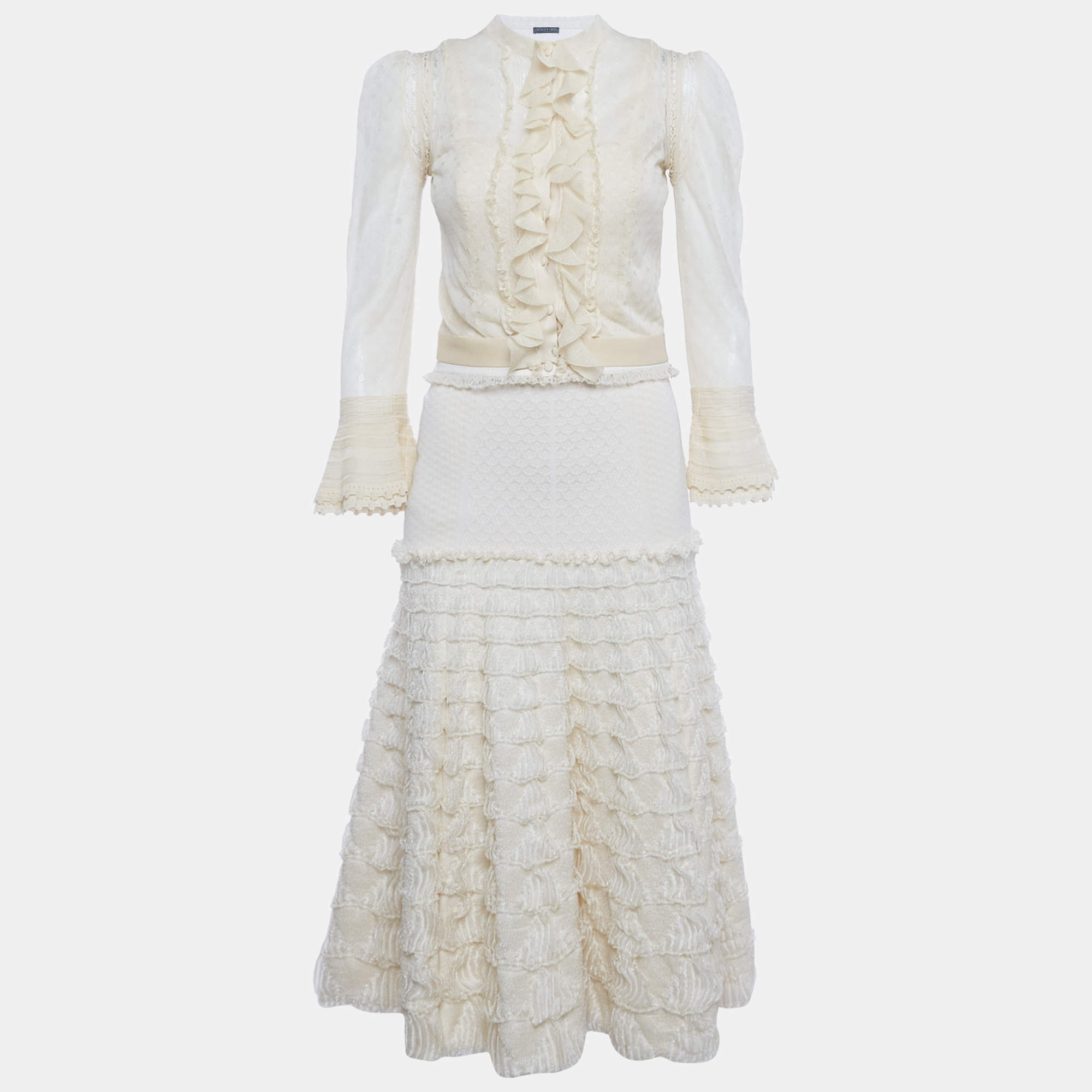Pre Owned Alexander McQueen Cream Jacquard Knit Ruffled 3 pc Skirt Set S