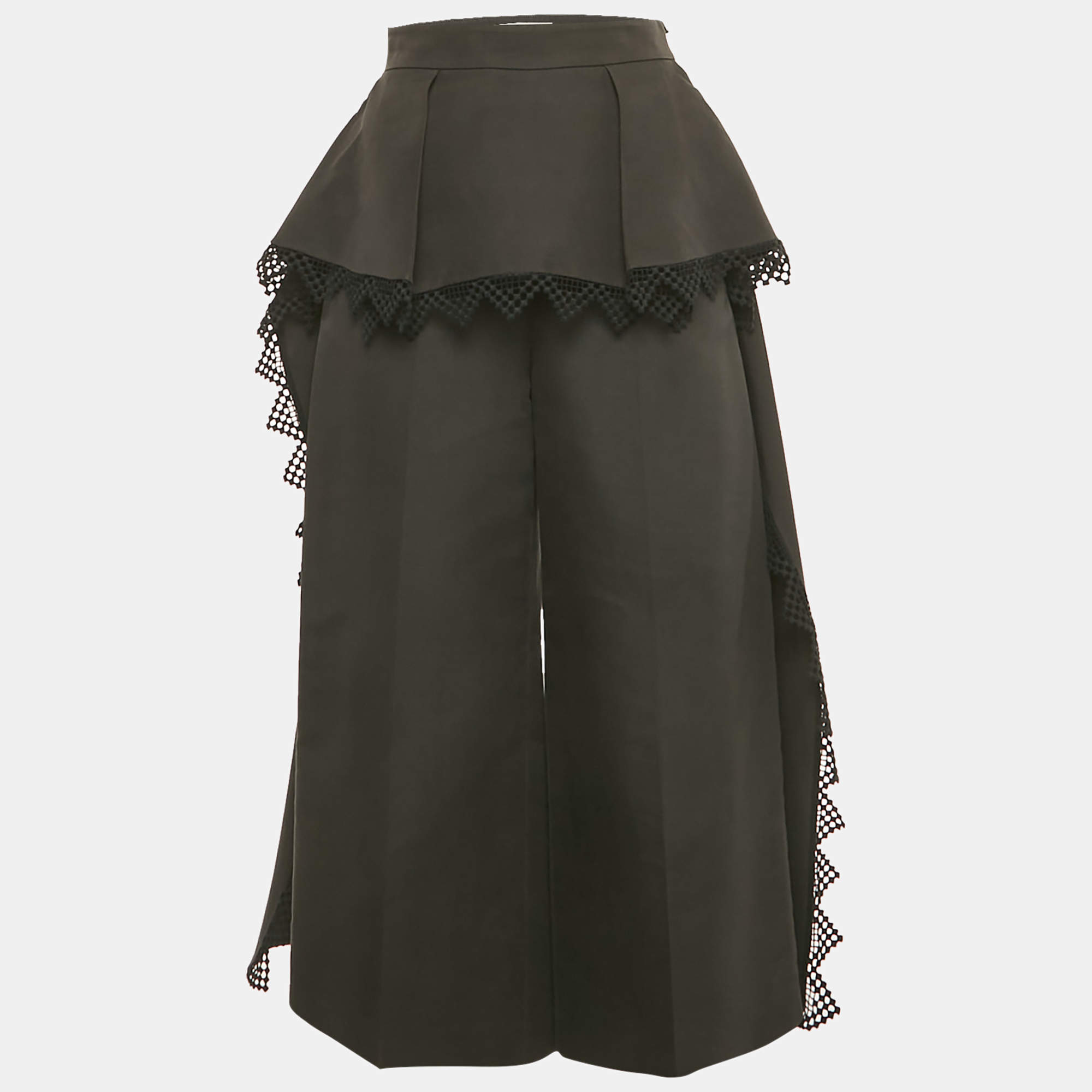 Pre Owned Alexander McQueen Black Cotton and Silk Lace Trim Wide Leg Trousers S