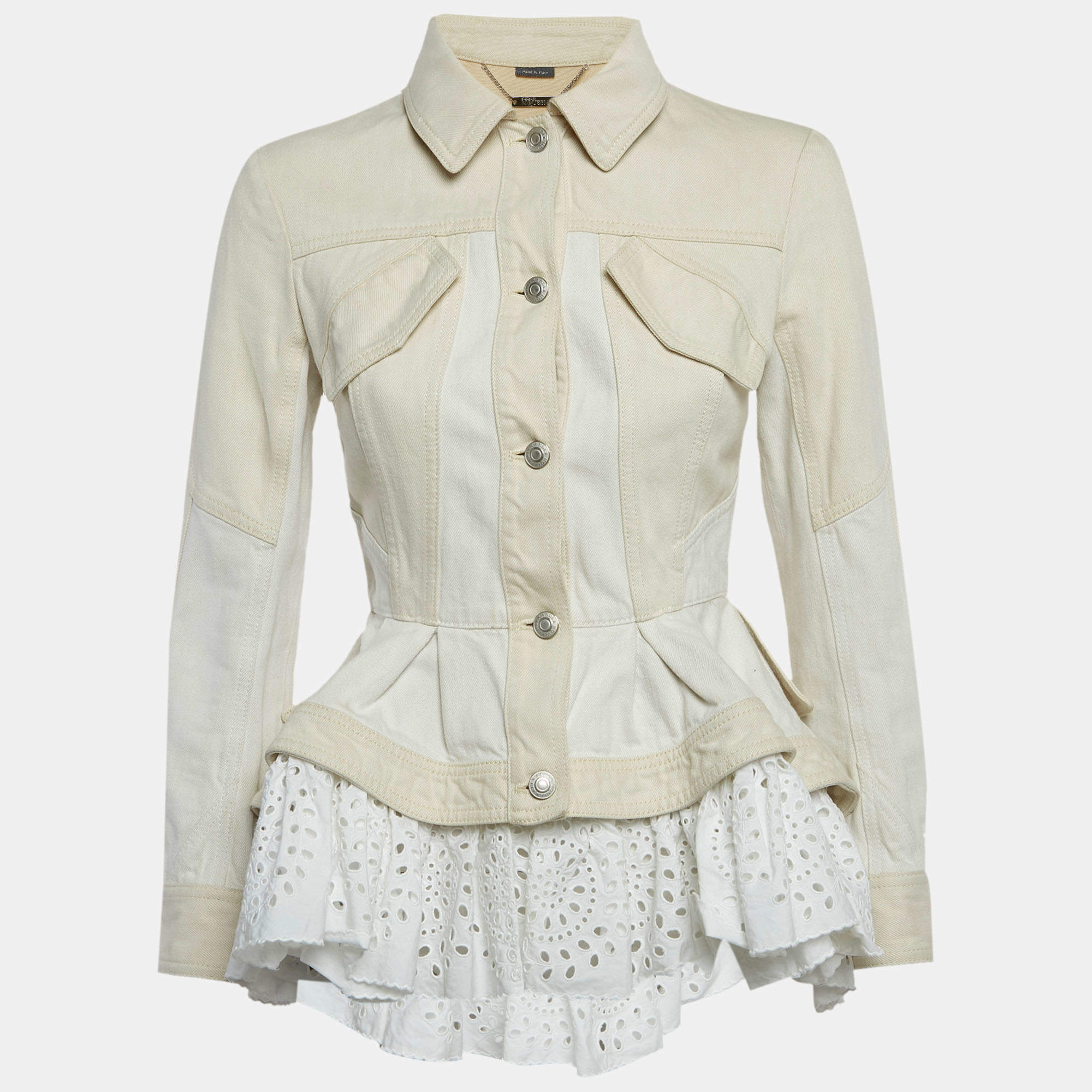 Pre Owned Alexander McQueen Beige Cotton Trim Denim Jacket S