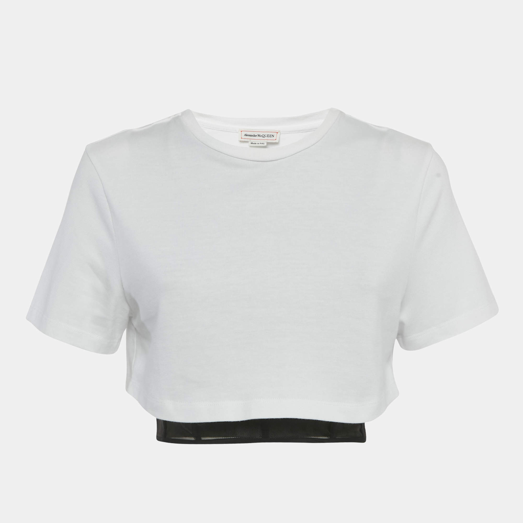 Pre Owned Alexander McQueen White Cotton Knit & Black Corset Inset Top S