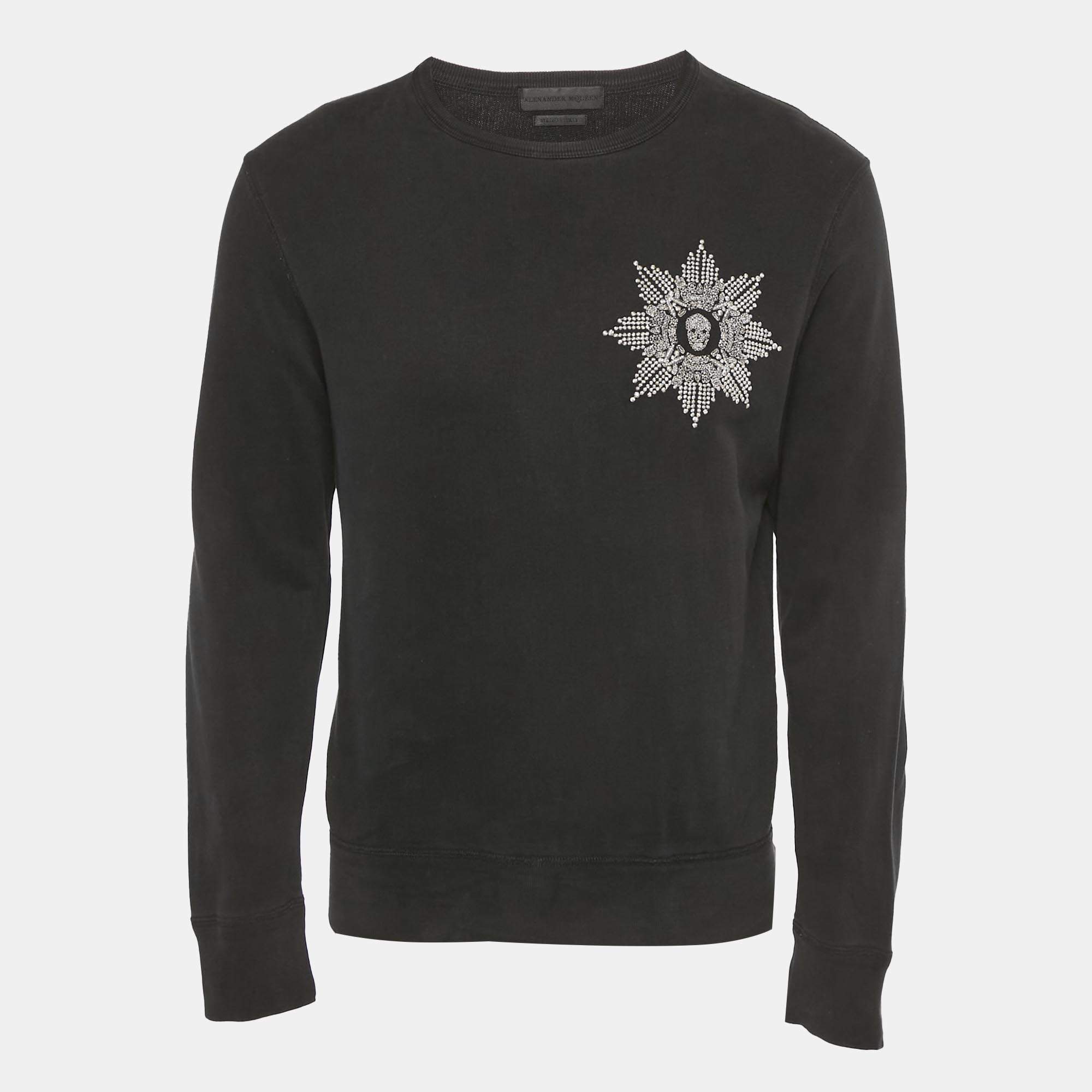 Pre Owned Alexander McQueen Black Embroidered Cotton Crewneck Sweatshirt M