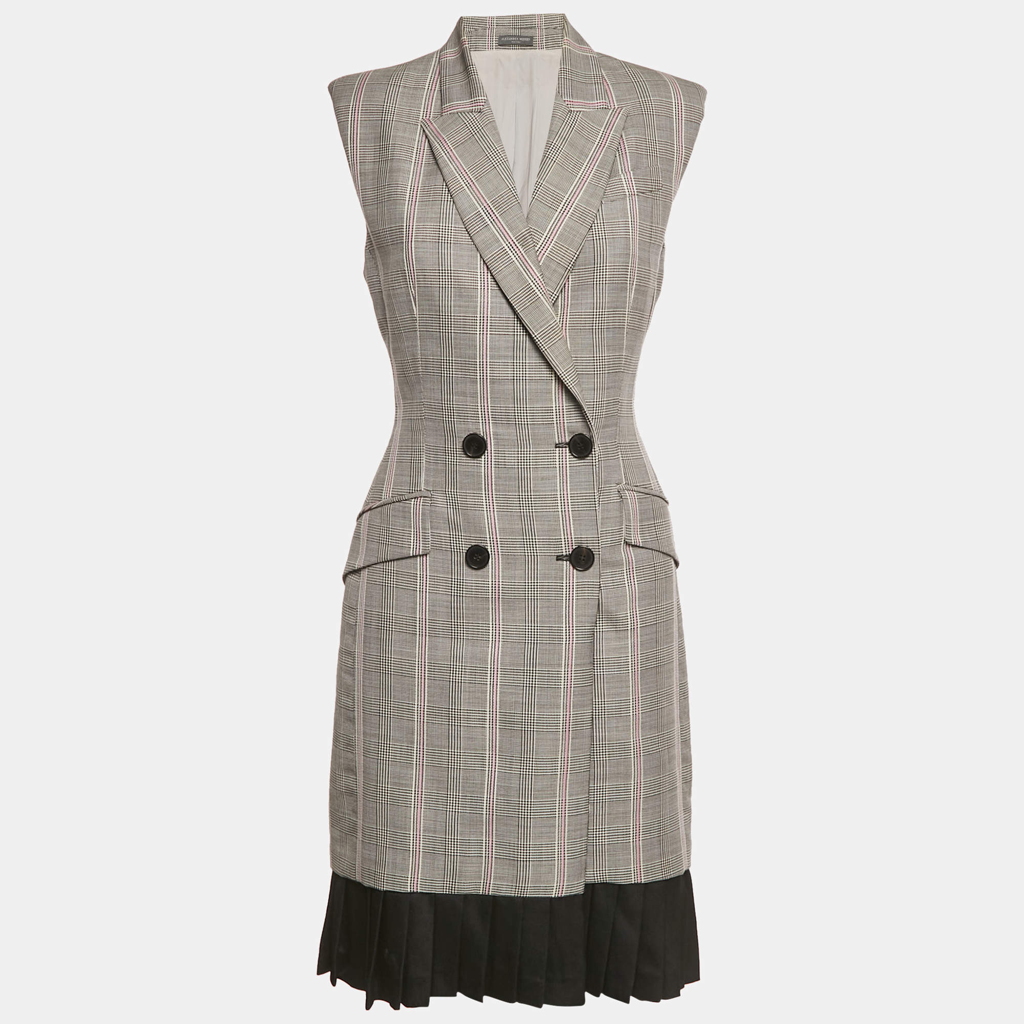 Pre Owned Alexander Mc Queen Black /Grey Prince Of Wales Print Wool Vest Short Dress M