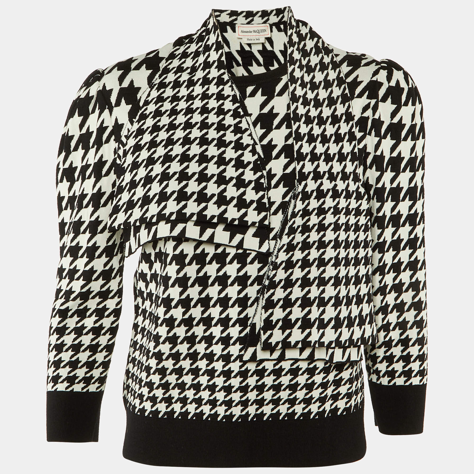 Pre Owned Alexander McQueen Monochrome Houndstooth Wool Tie Detail Jumper XL