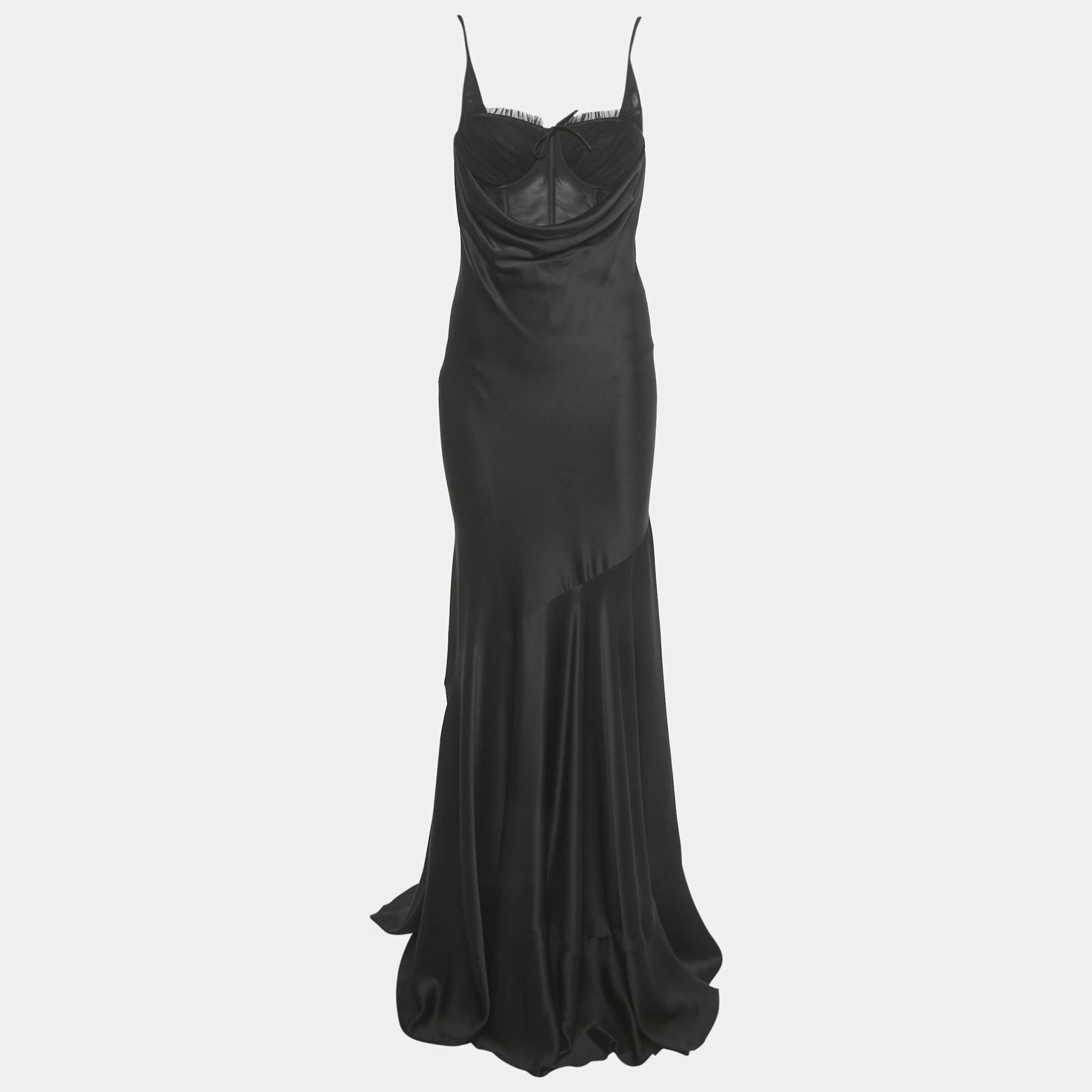 مملوكة مسبقًا فستان ألكسندر ماكوين كورسيه طول ماكسي حرير وشبك أسود مقاس صغير - سمول