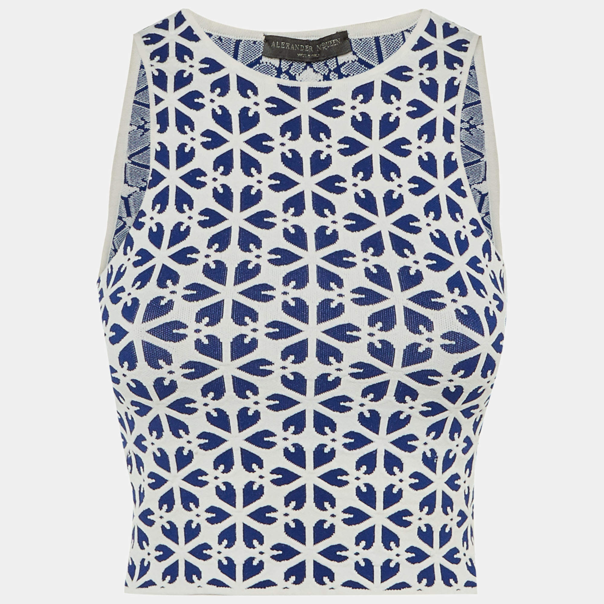 Pre Owned Alexander McQueen Blue/White Floral Jacquard Knit Crop Top XXS