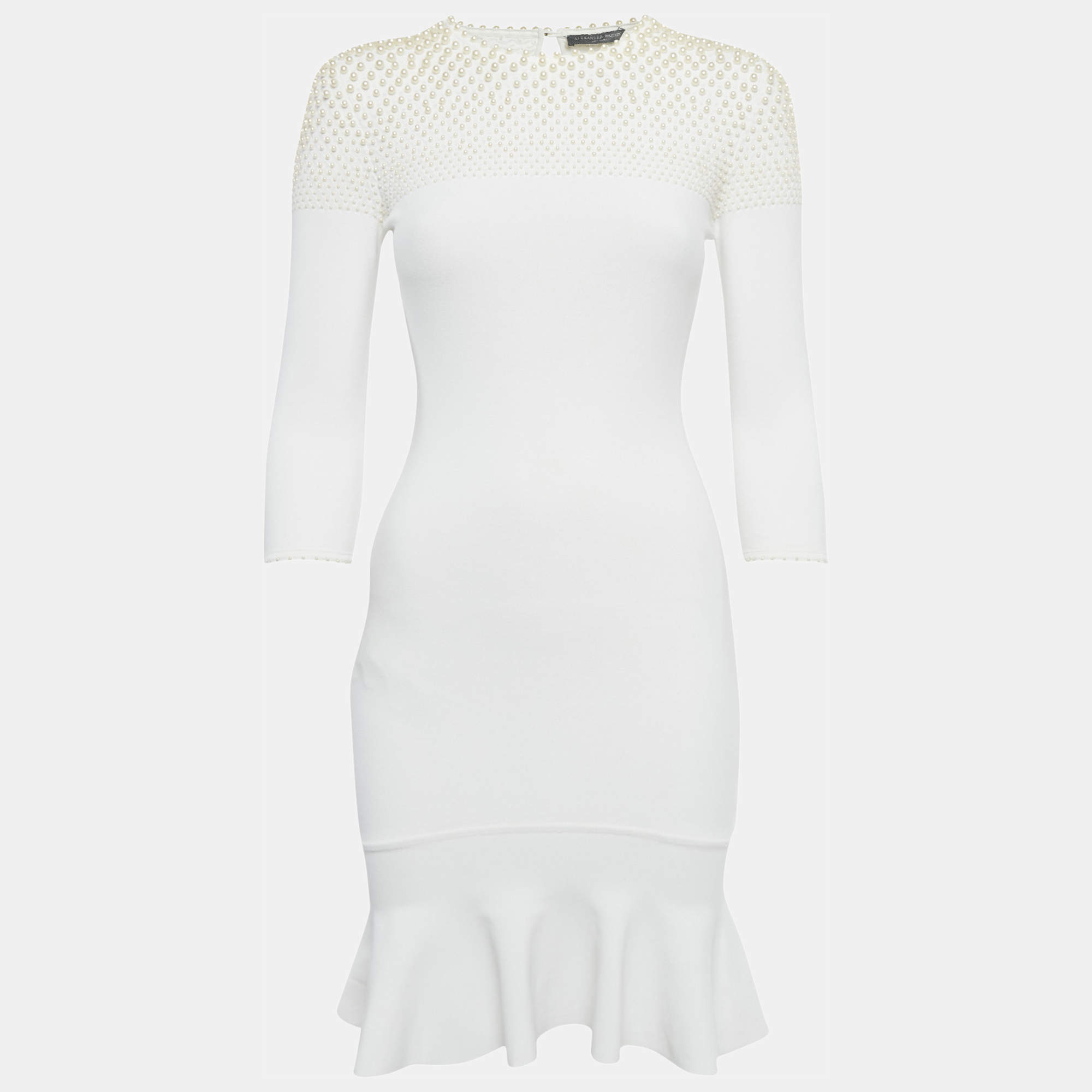 مملوكة مسبقًا Alexander McQueen White Pearl Embellished Knit Mini Dress S