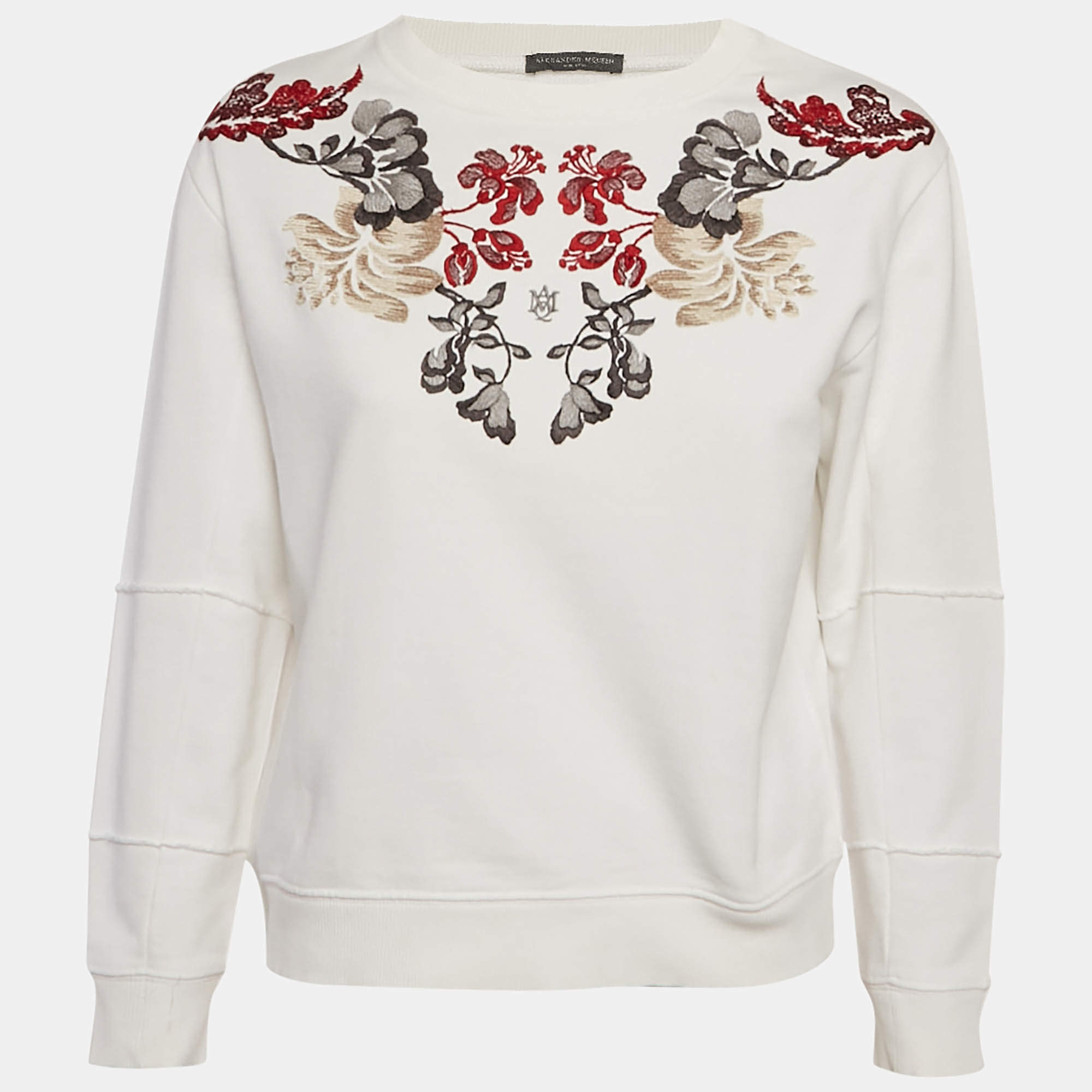 مملوكة مسبقًا Alexander McQueen White Floral Embroidered Cotton Sweatshirt S