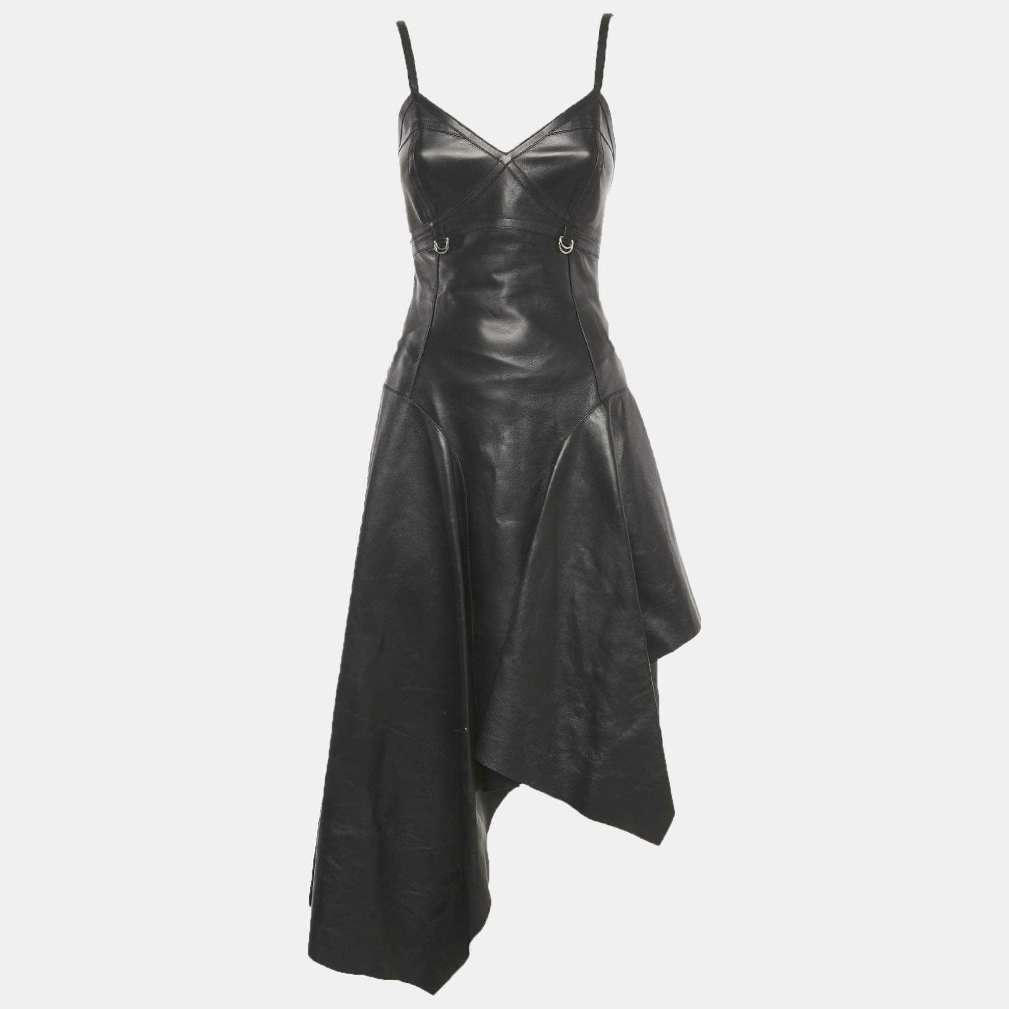 Pre Owned Alexander McQueen Black Leather Asymmetric Midi Dress S