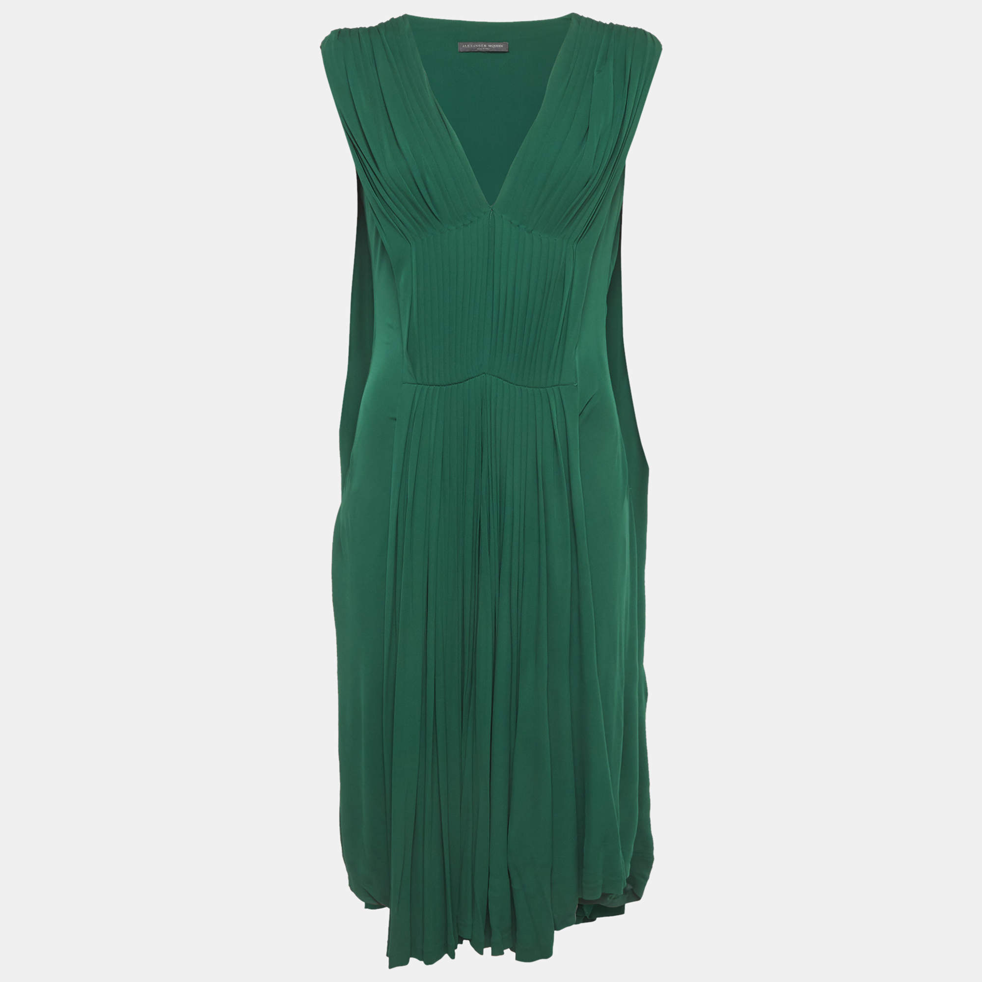 Pre Owned Alexander McQueen Green Jersey Pleated Sleeveless Midi Dress M