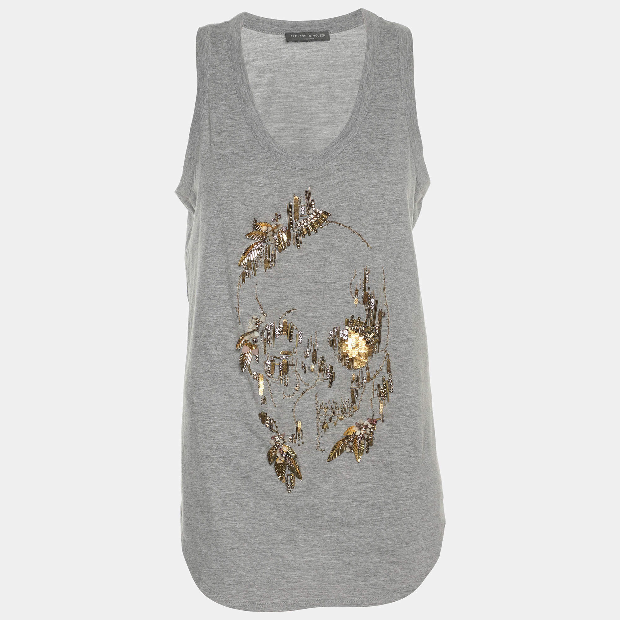 مملوكة مسبقًا Alexander McQueen Grey Jersey Embellished Skull Motif Tank Top M
