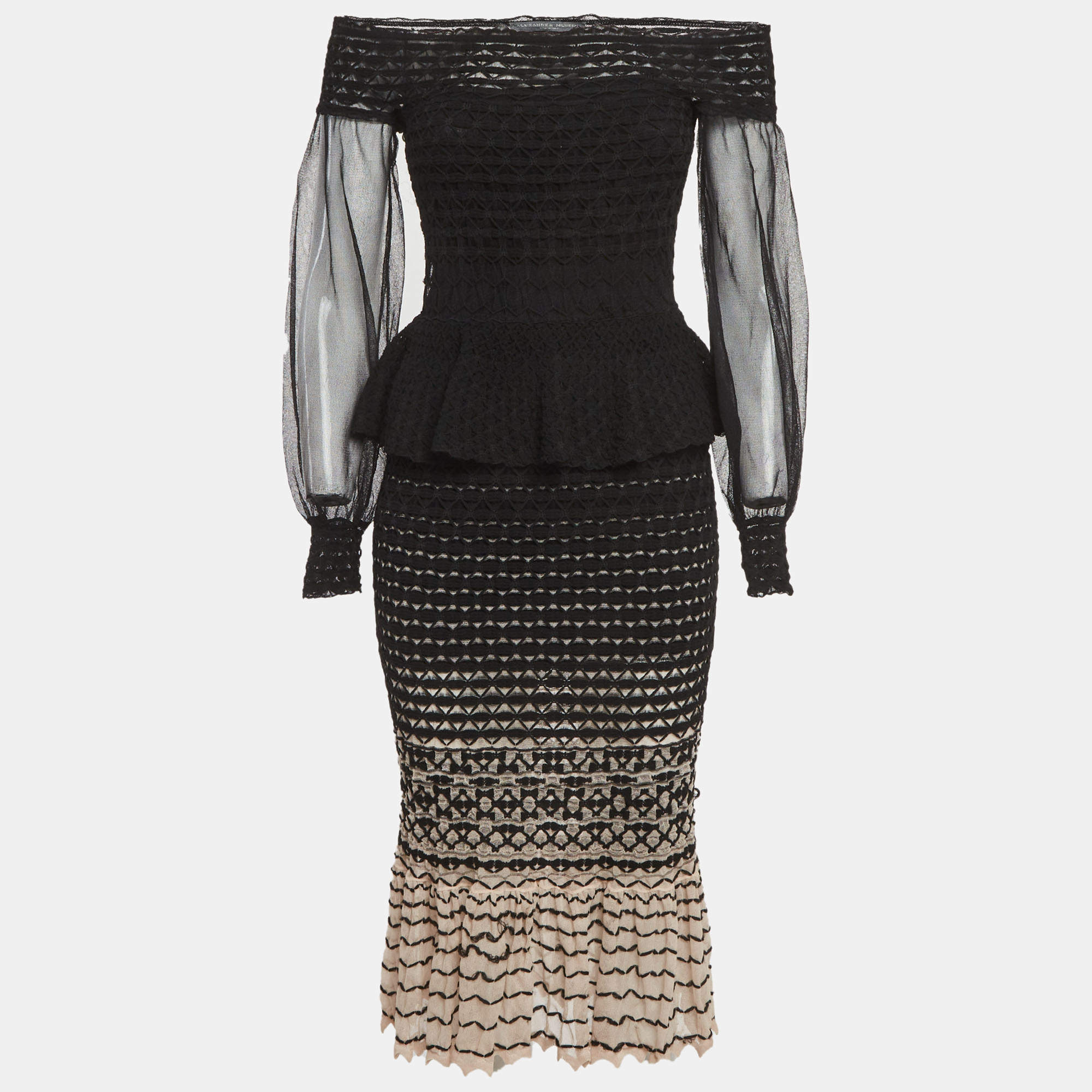 Pre Owned Alexander McQueen Black/Pink Stretch Tulle Off Shoulder Midi Dress S