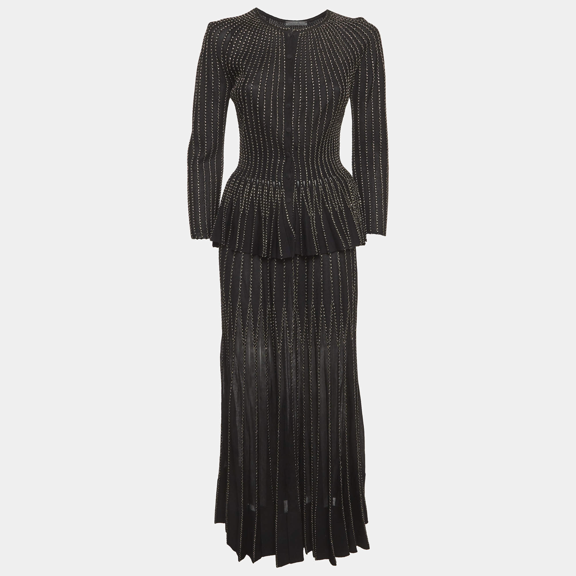 Pre Owned تنورة وتوب ألكسندر ماكوين محبوك أسود مخطط بتطريز مقاس متوسط/كبير جدا (ميديم/إكس لارج)