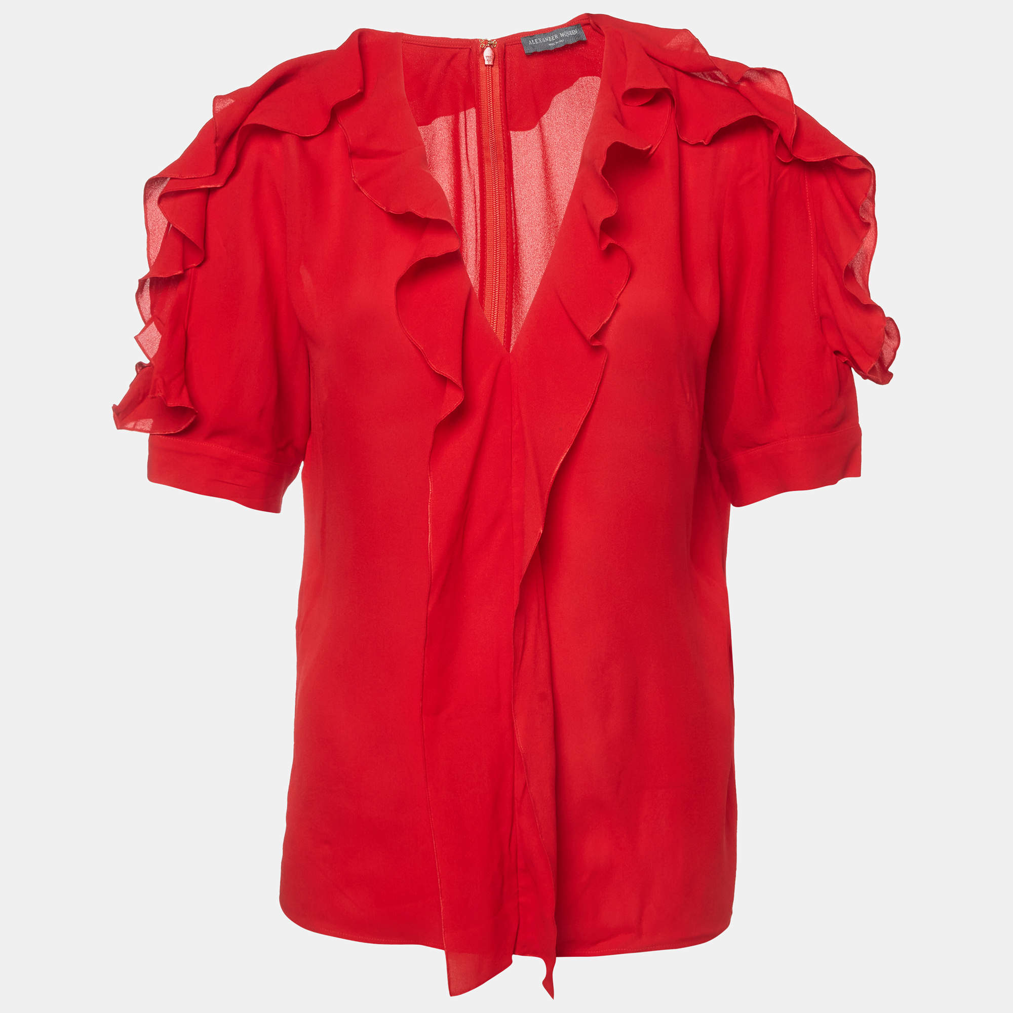 مملوكة مسبقًا Alexander McQueen Red Crepe de Chine Ruffled Blouse M