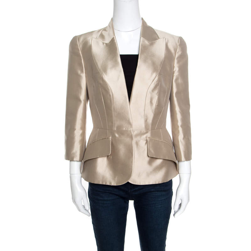 Pre Owned Alexander McQueen Champagne Silk Faux Lapel Mikado Blazer M