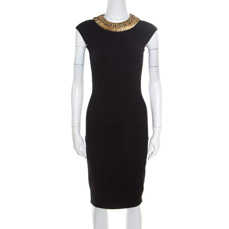 Pre Owned Alexander McQueen Black Stretch Wool Embellished Neck Sleeveless Bodycon Dress XS