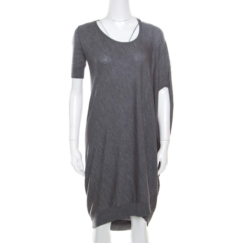 Alexander McQueen Grey Melange Wool Asymmetric Sleeve Oversized Shift Dress S