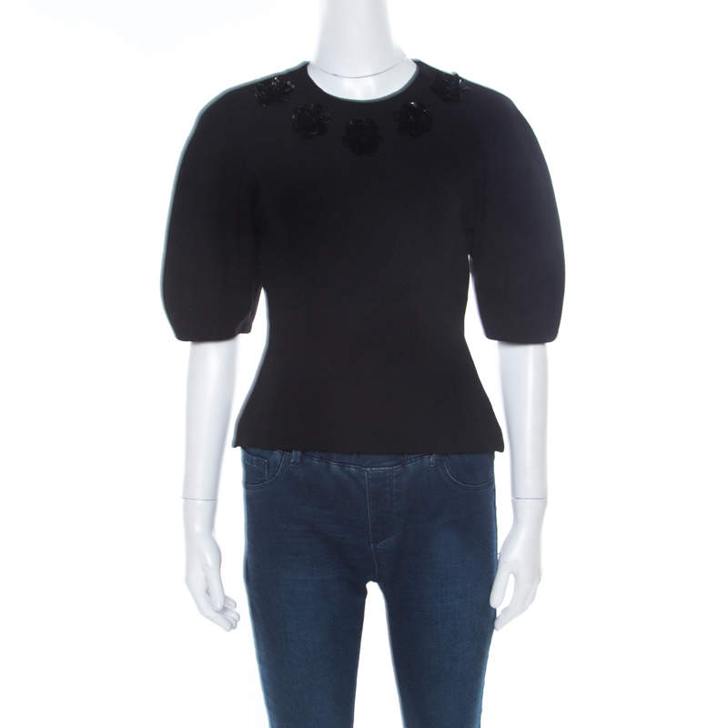 Alexander McQueen Black Floral Embellished Wool Top S