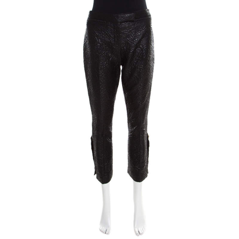 Pre Owned Alexander McQueen Black Rose Patterned Jacquard Wool Crop Pants M
