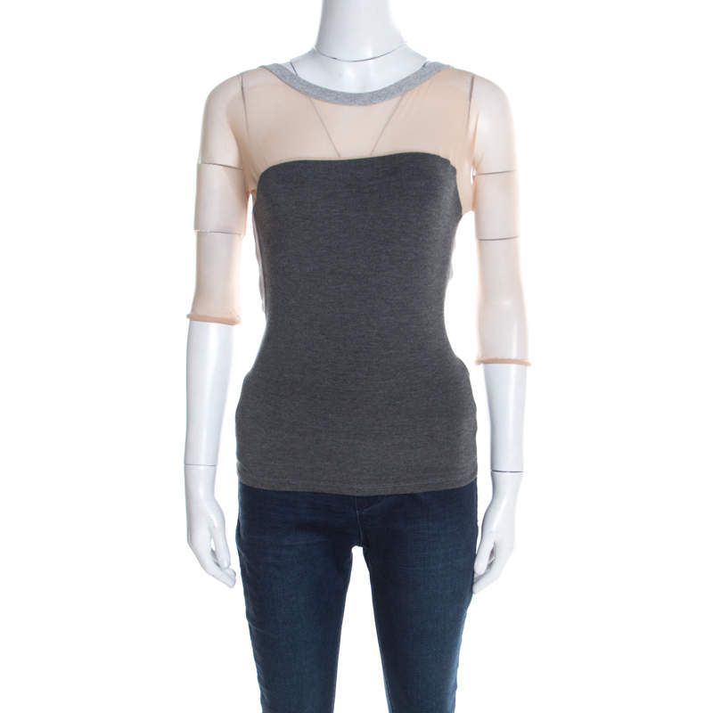 Pre Owned Alexander McQueen Grey Jersey Mesh Insert Cropped T-Shirt M