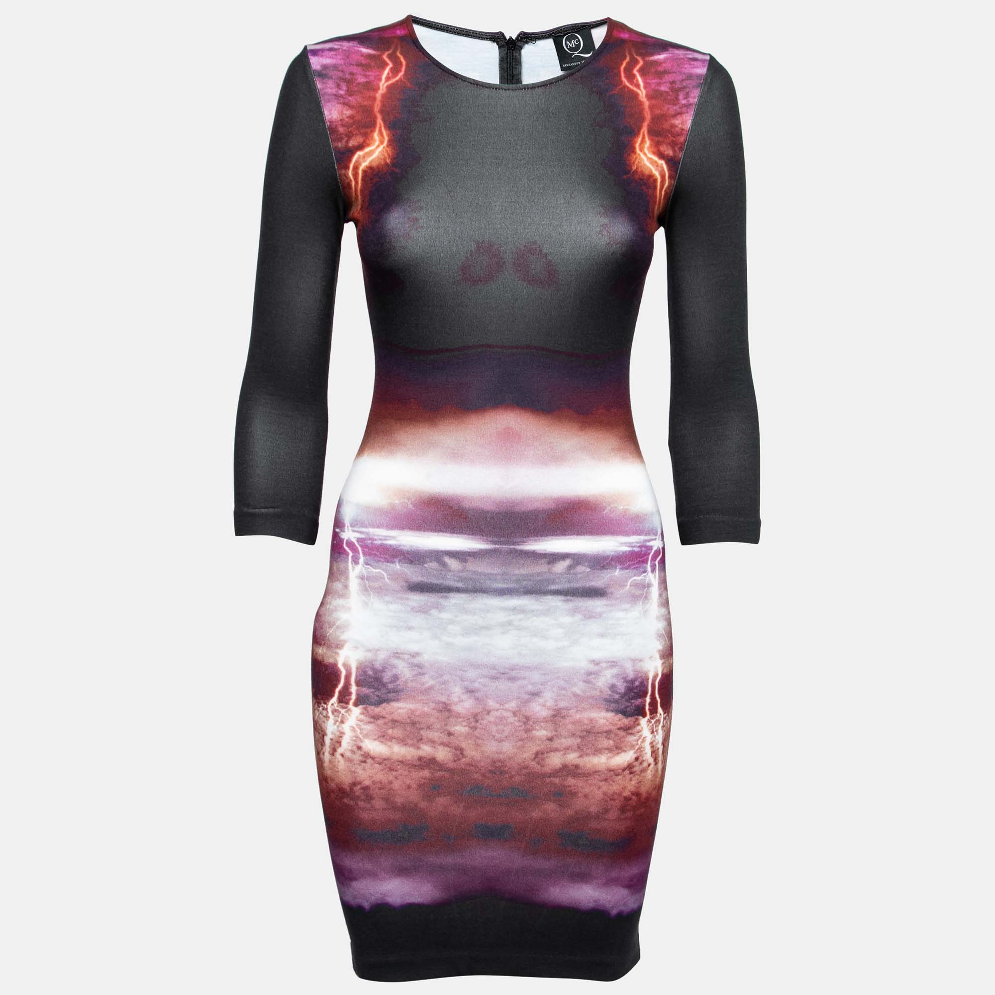Pre Owned Alexander McQueen Black Engineered Lightning Print Stretch Knit Bodycon Dress XS