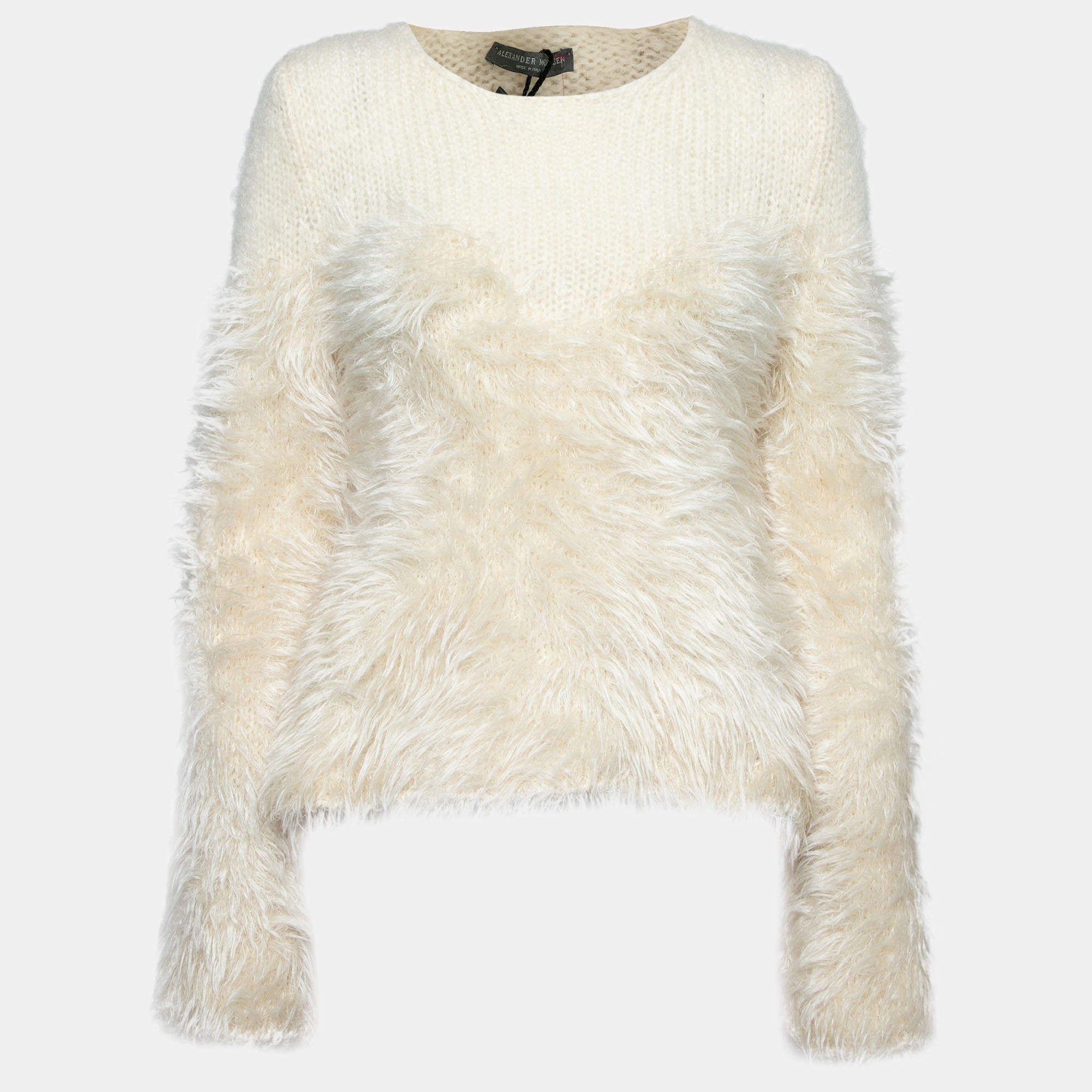 Pre Owned Alexander McQueen Ivory Mohair and Wool Hairy Knit Crew Neck Jumper M