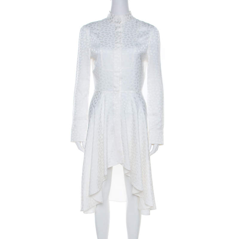 Pre Owned Alexander McQueen Cream Leaf Jacquard Asymmetric Hem Shirt Dress S