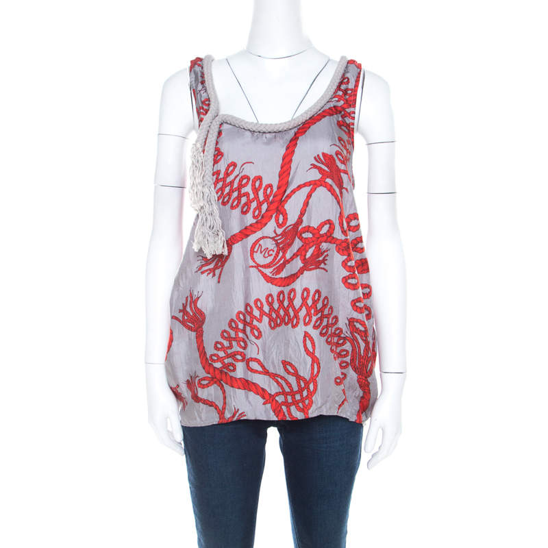 Pre Owned McQ by Alexander McQueen Grey and Red Rope Print and Applique Silk Tank Top M
