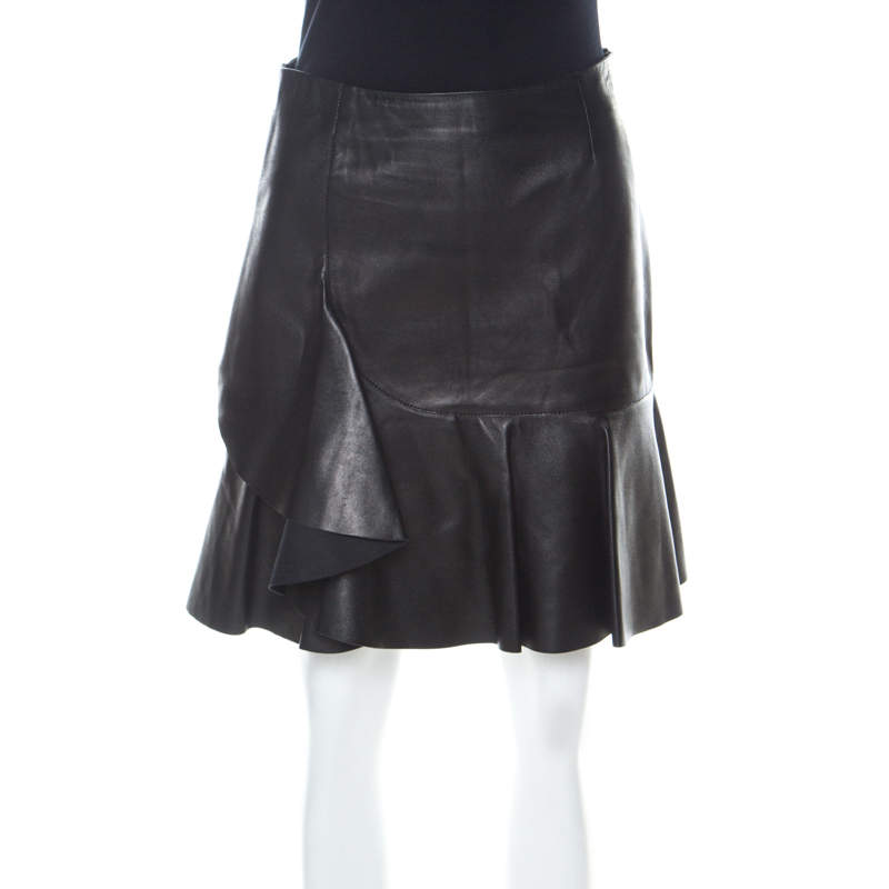 Alexander McQueen Black Leather Asymmetric Ruffle Short Skirt S