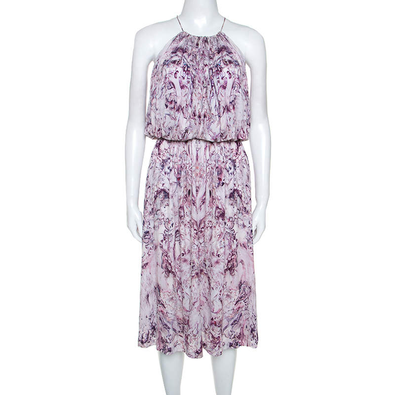 Pre Owned Alexander McQueen Lavender Marble Printed Ruched Halter Neck Dress S
