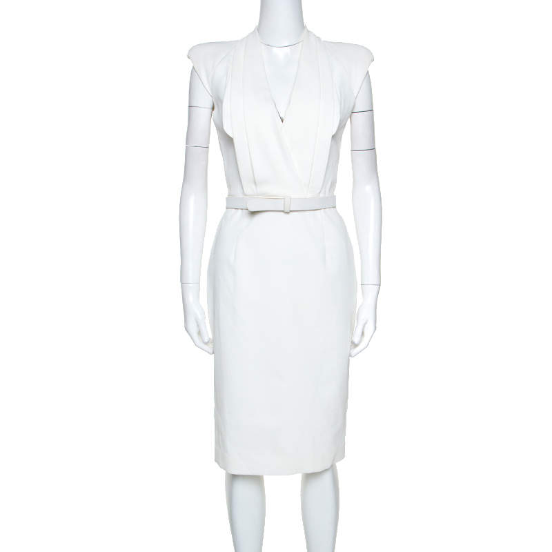 Pre Owned Alexander McQueen White Cotton Pleated Neck Detail Belted Dress S