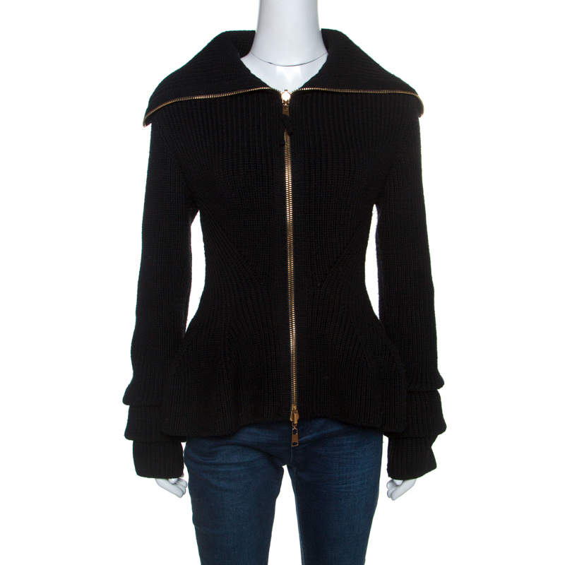 Pre Owned Alexander McQueen Black Wool Sculpt Rib Knit Peplum Cardigan S