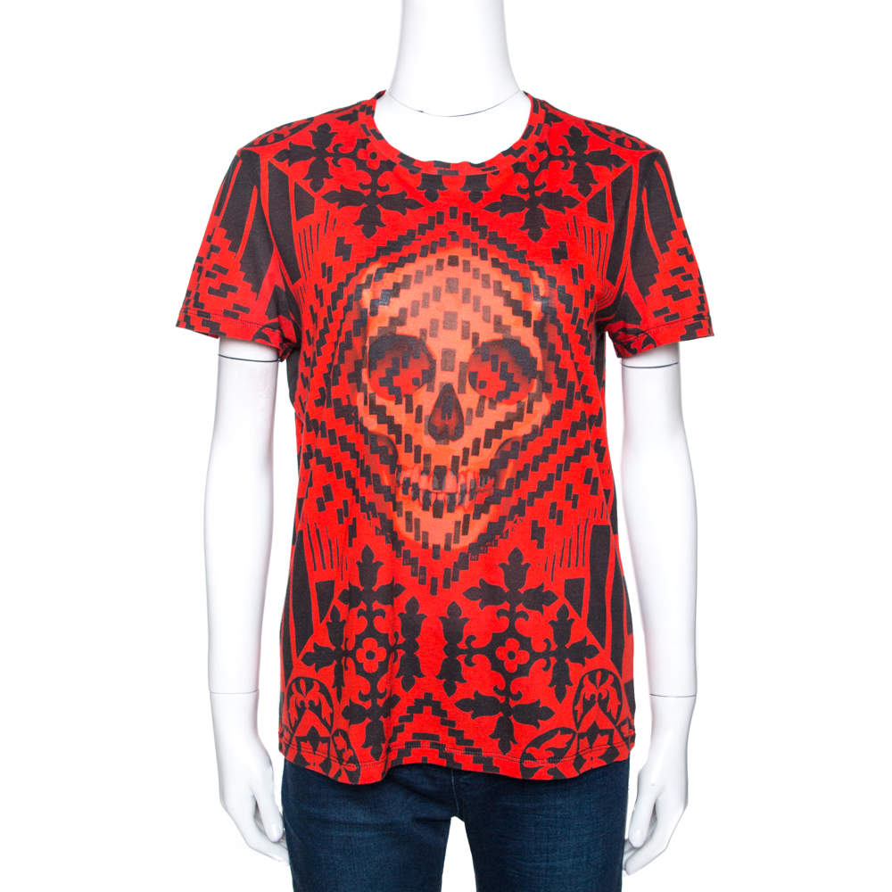 Pre Owned Alexander McQueen Red & Black Skull Print Cotton T-Shirt S