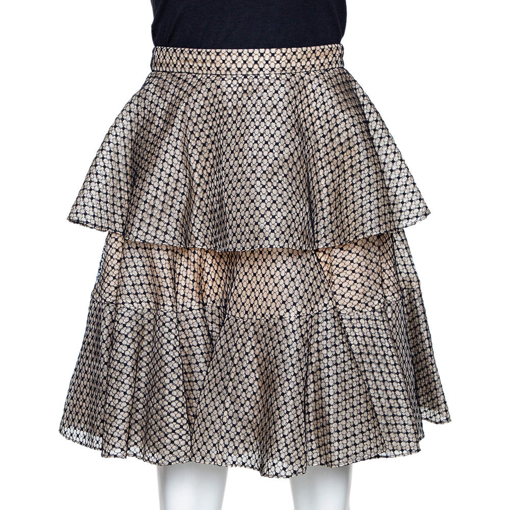 Alexander McQueen Black & Cream Silk Lace Overlay Tiered Skirt M